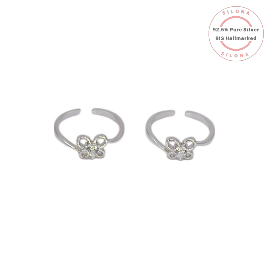 Pair of Silona silver toe rings featuring a delicate butterfly motif with clear cubic zirconia stones on a white background.