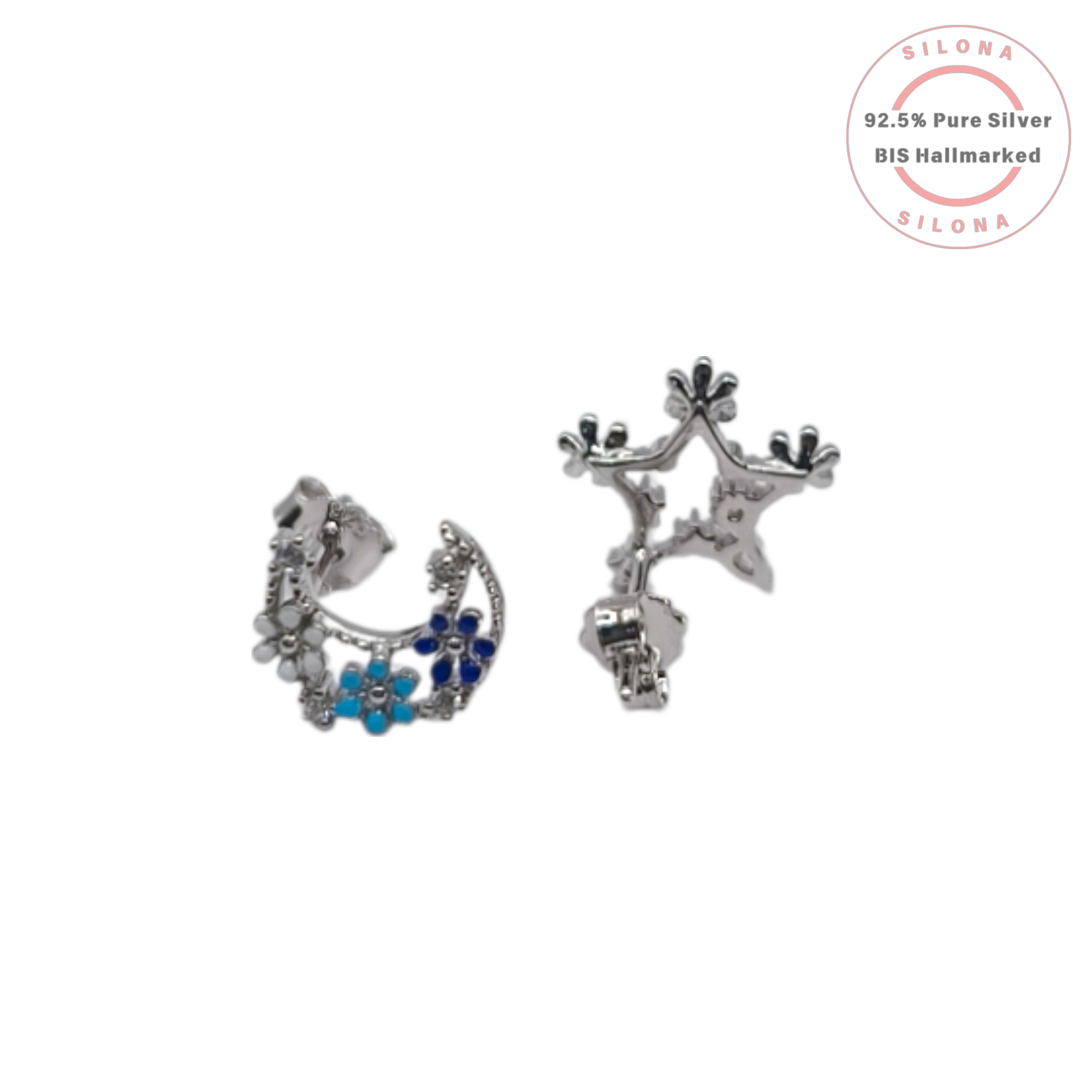 Asymmetrical Floral Moon Stud Earrings in 92.5 Silver with Blue and White Enamel detailing and cubic zirconia stones.