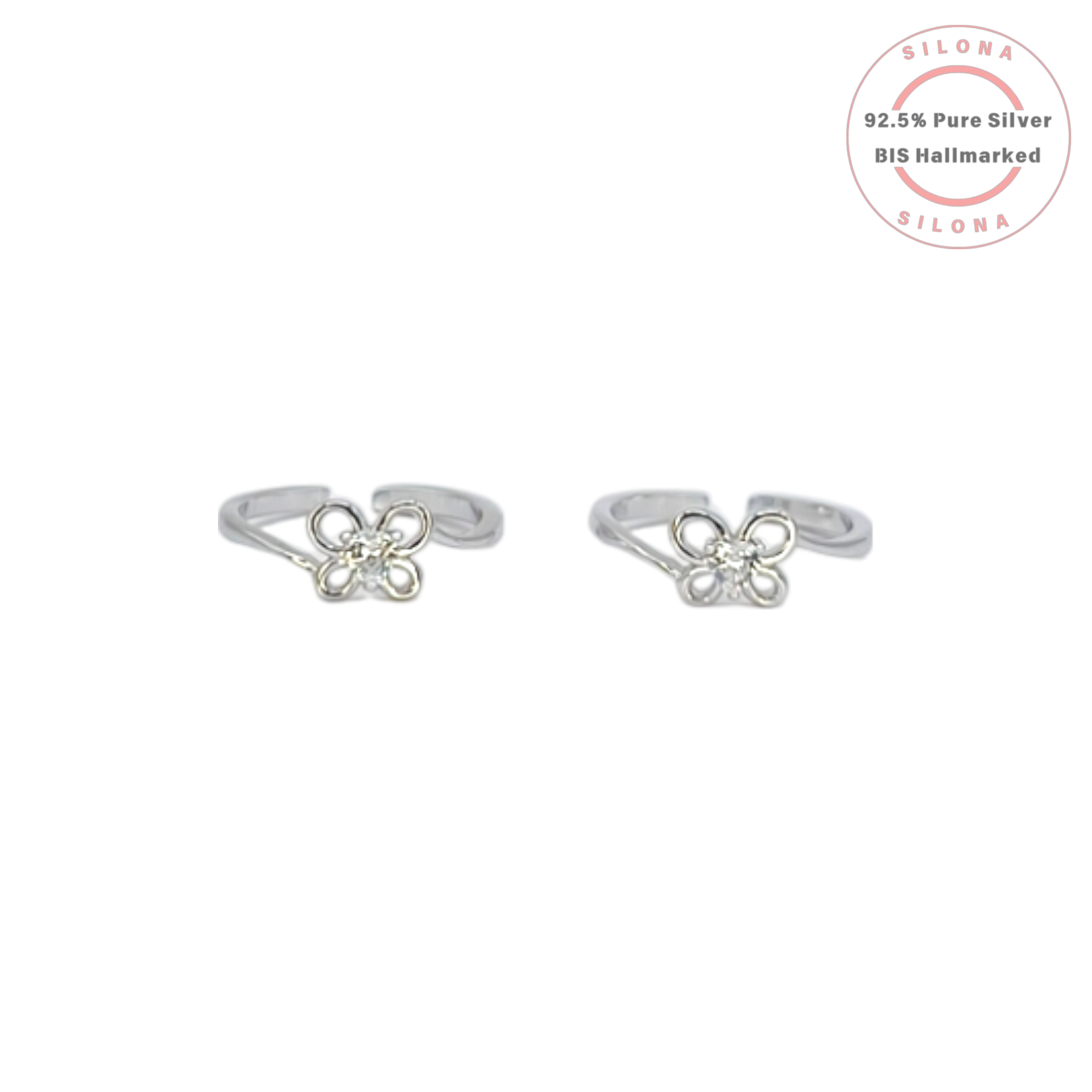 Pair of Silona silver toe rings featuring a delicate butterfly motif with clear cubic zirconia stones on a white background.