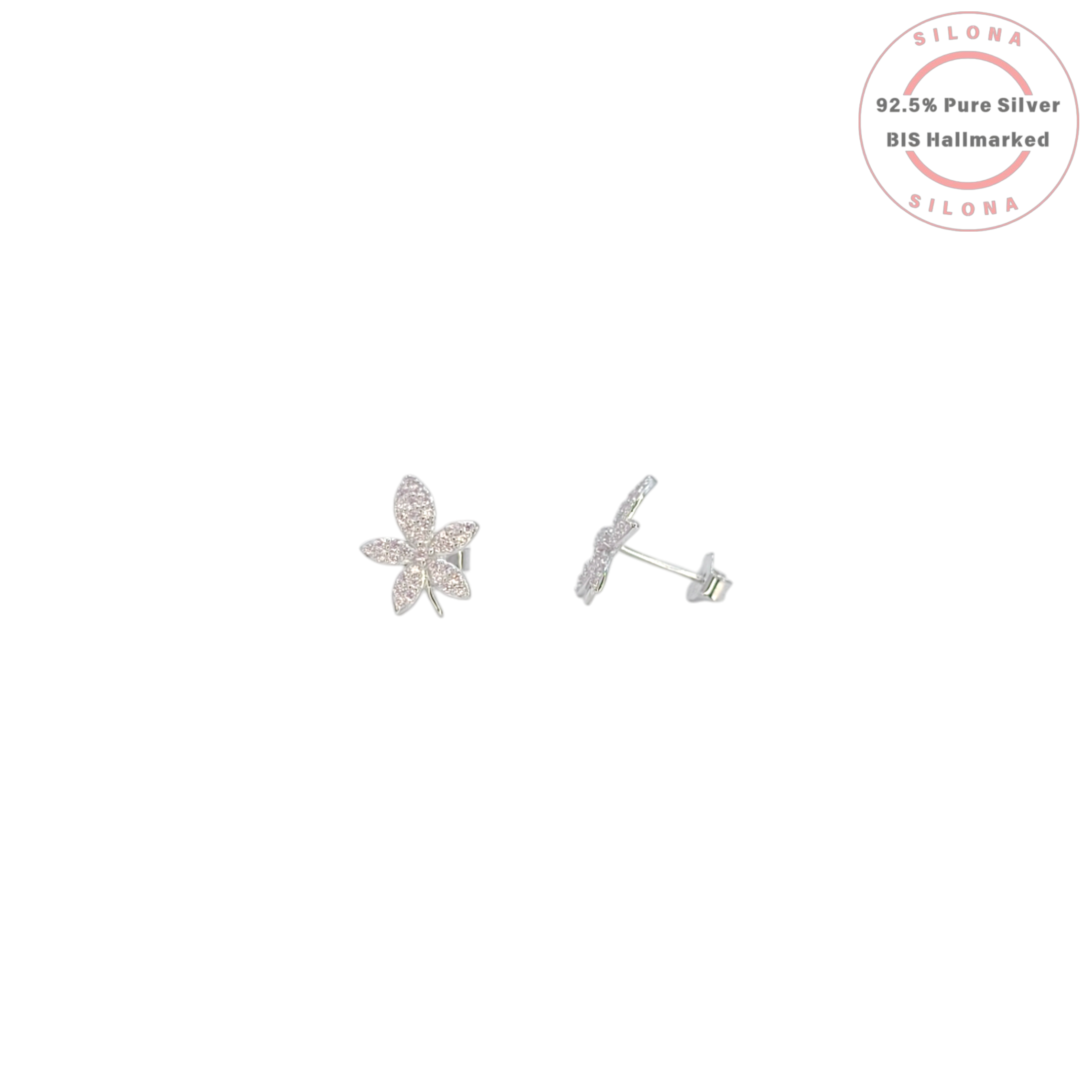A pair of sterling silver floral stud earrings, fully paved with clear cubic zirconia, on a white background.