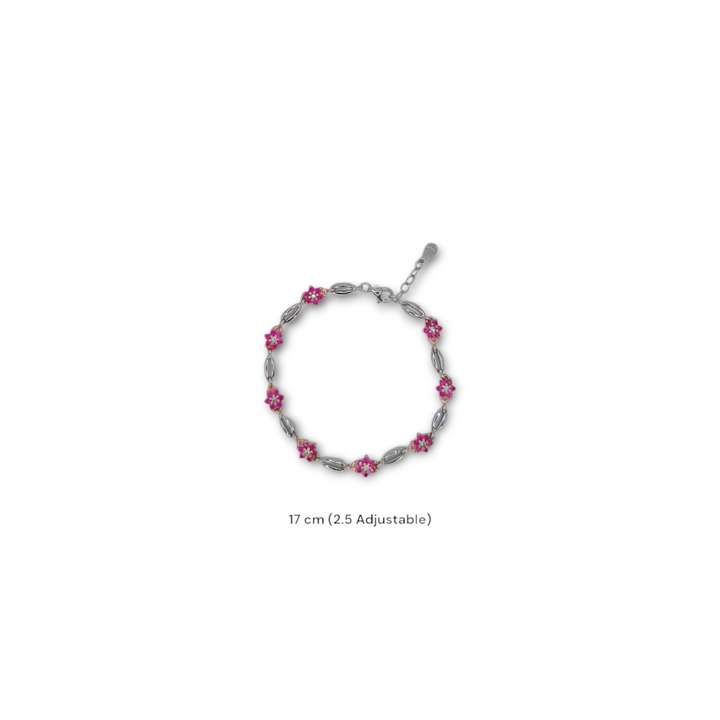 Silona's Blossom Ruby-Hued Floral Bracelet in 92.5 silver on a white background.