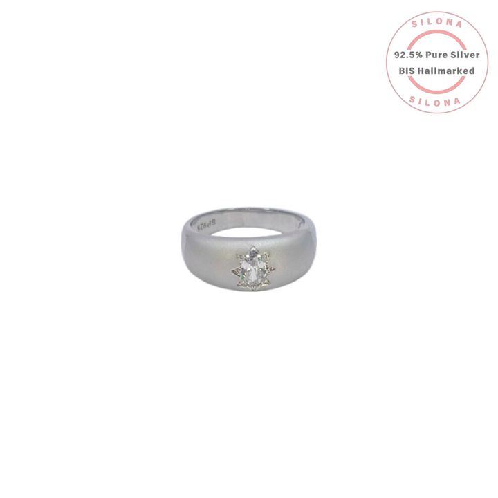 Silona Celestial Starburst Solitaire Men's Ring in matte finish 92.5 silver with a central marquise cubic zirconia.
