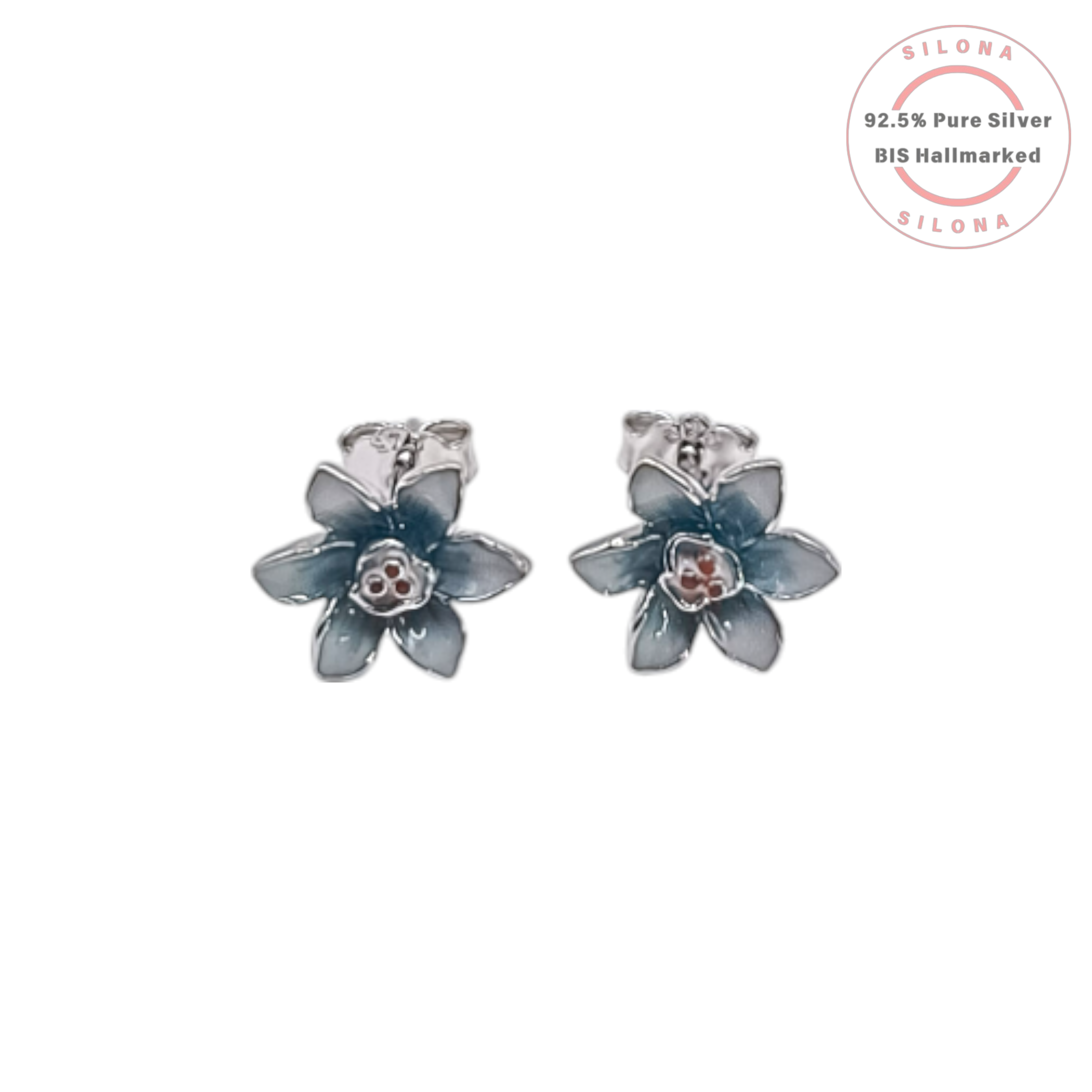 A pair of Silona's Dusky Blue Daffodil stud earrings in 92.5 sterling silver, shown on a white background.