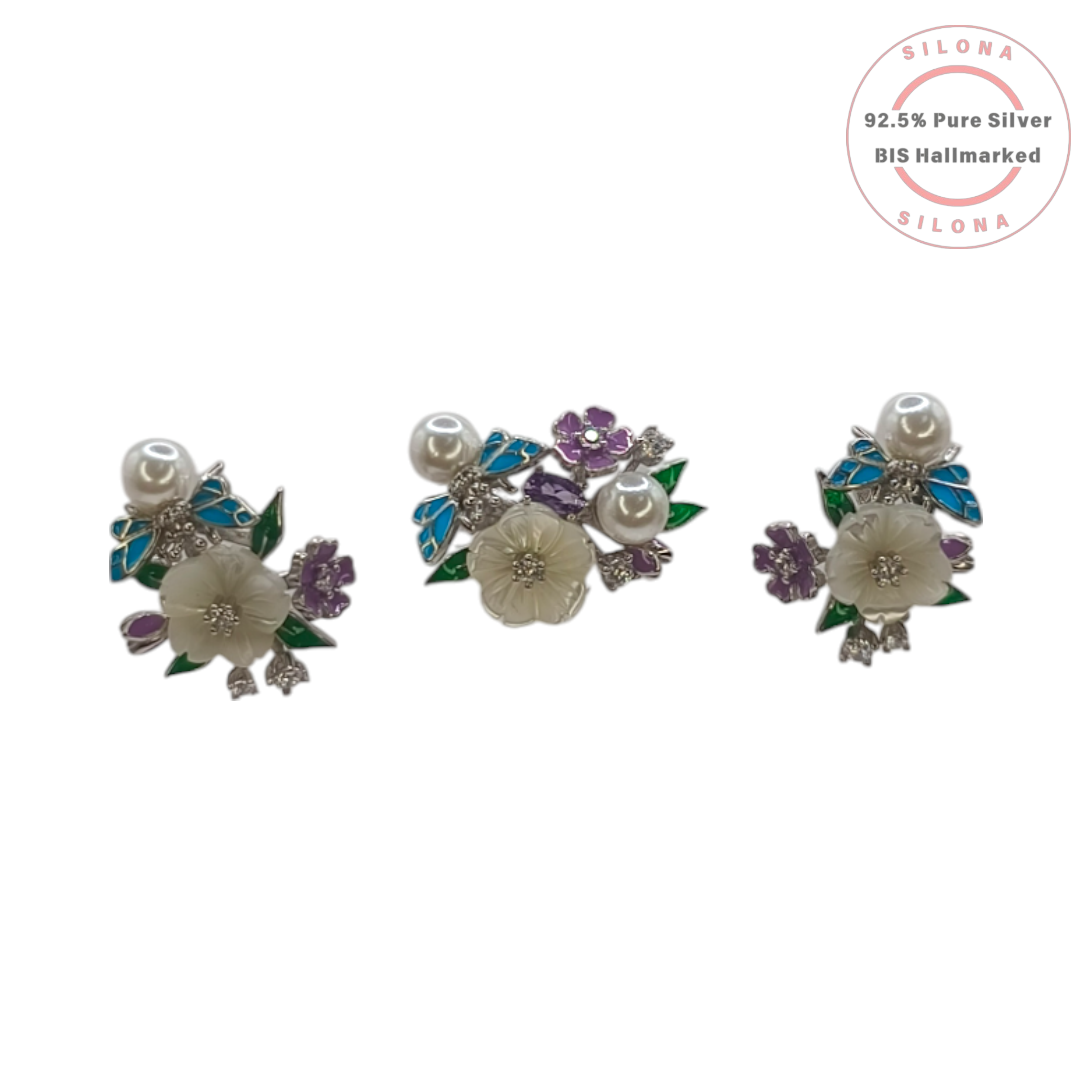 Silona's Enamel Garden Necklace and Earring Set, featuring a mother of pearl flower, blue dragonflies, purple blooms, and pearls in 92.5 sterling silver.