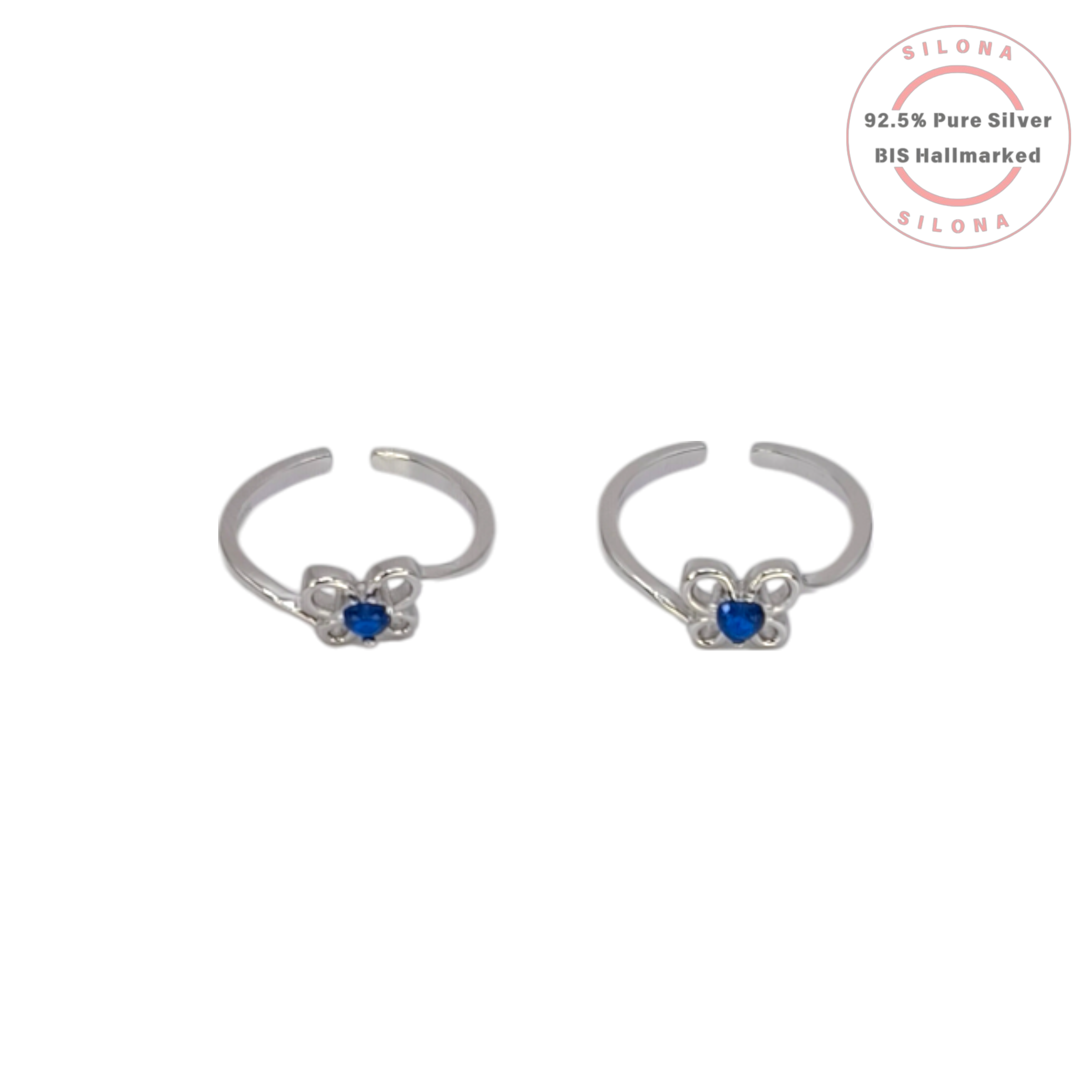 A pair of adjustable silver toe rings, each featuring a delicate butterfly motif with a central heart-shaped sapphire-blue stone, on a white background.