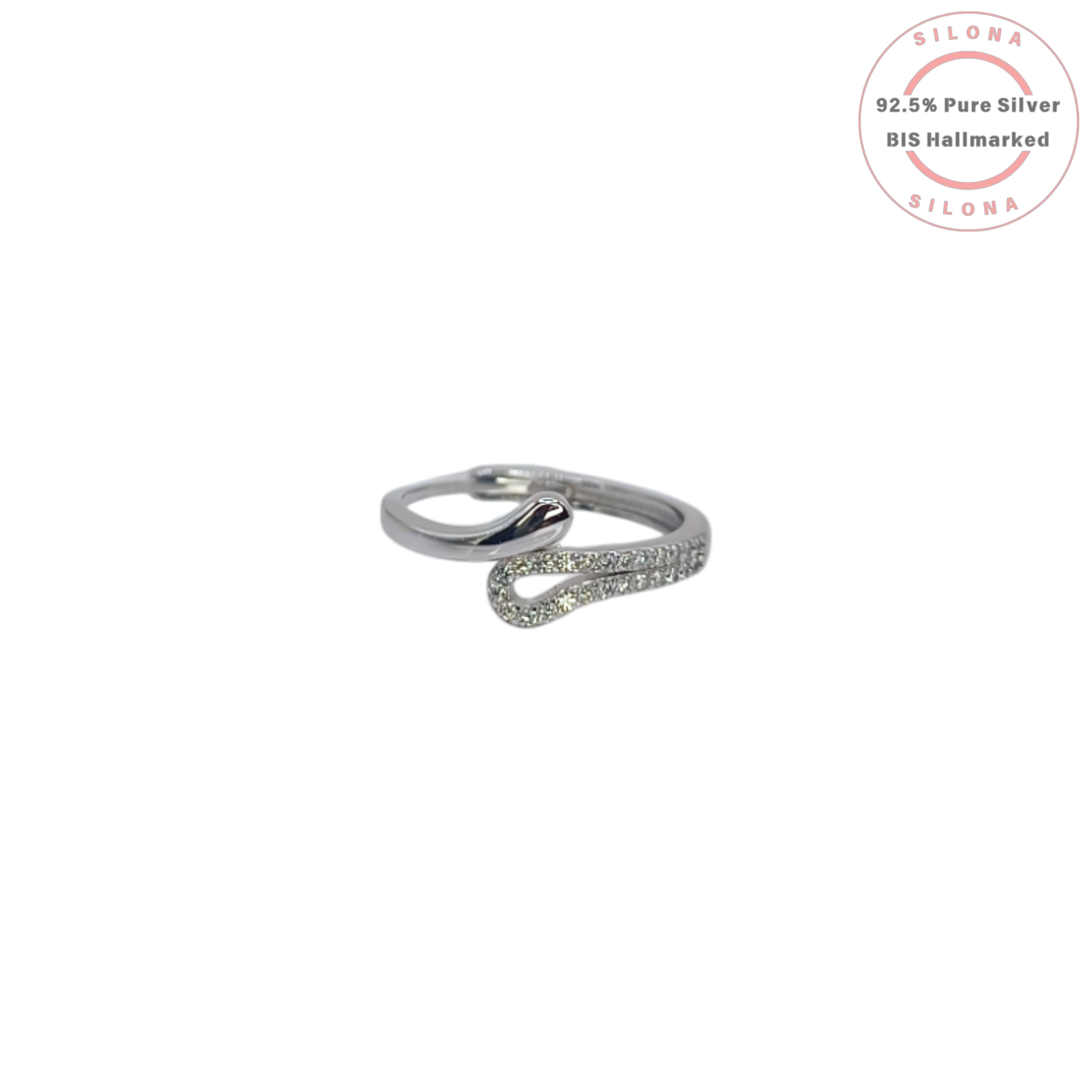 Silona's Serpentine Pavé Snake Ring in 92.5 pure silver, featuring a wrap-around design with sparkling cubic zirconia stones, shown on a white background.
