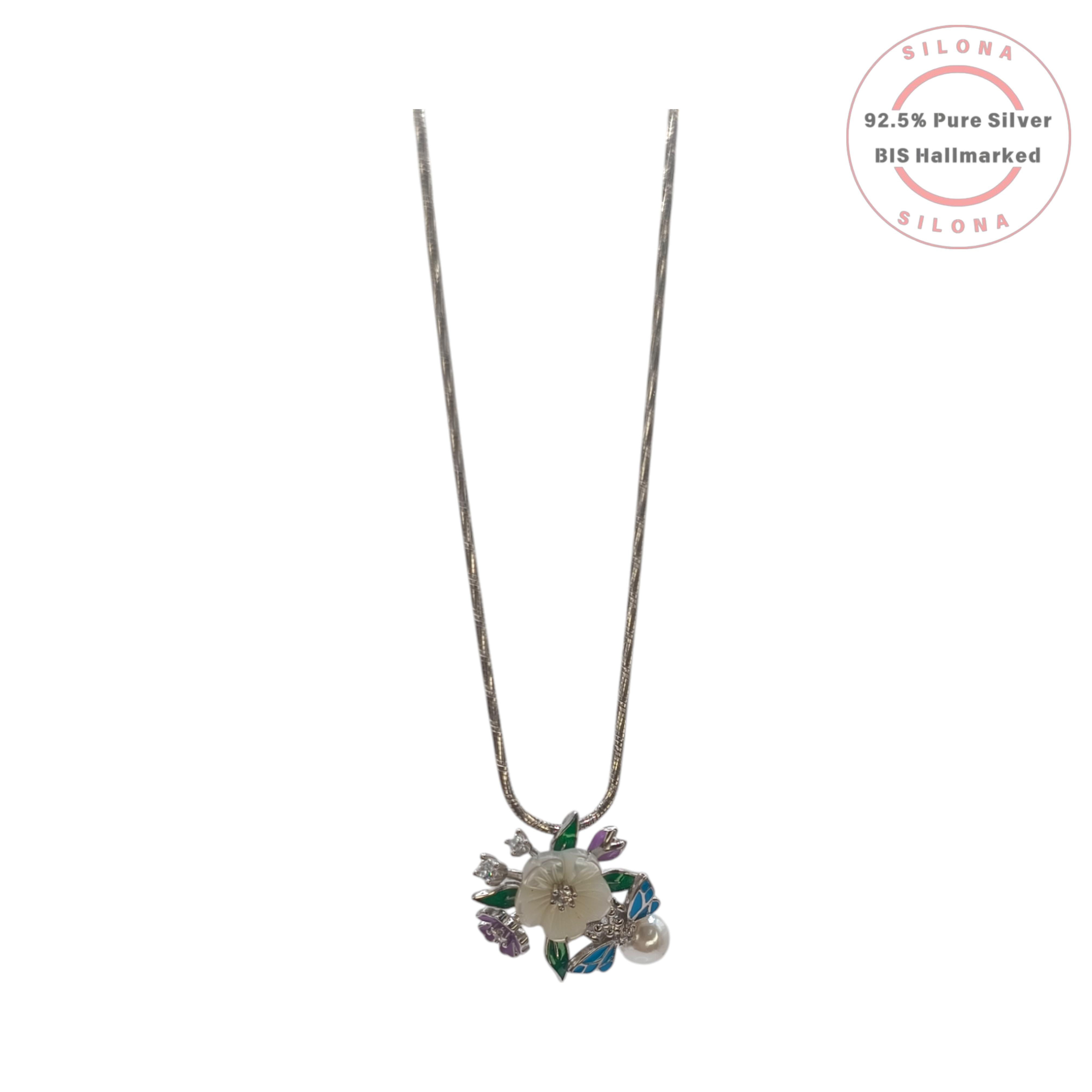 Silona's Enamel Garden Necklace and Earring Set, featuring a mother of pearl flower, blue dragonflies, purple blooms, and pearls in 92.5 sterling silver.