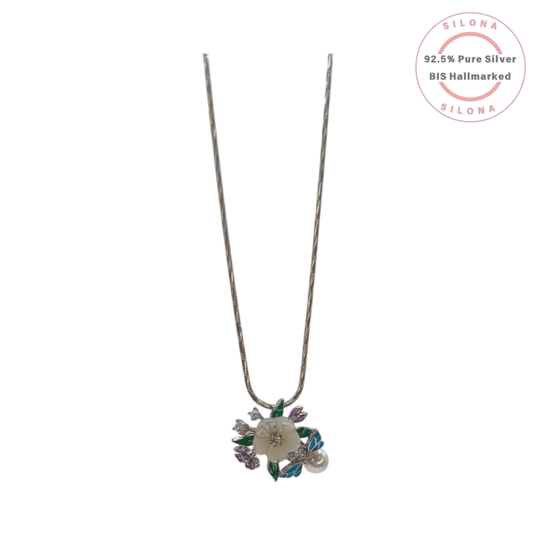 Silona's Enamel Garden Necklace and Earring Set, featuring a mother of pearl flower, blue dragonflies, purple blooms, and pearls in 92.5 sterling silver.