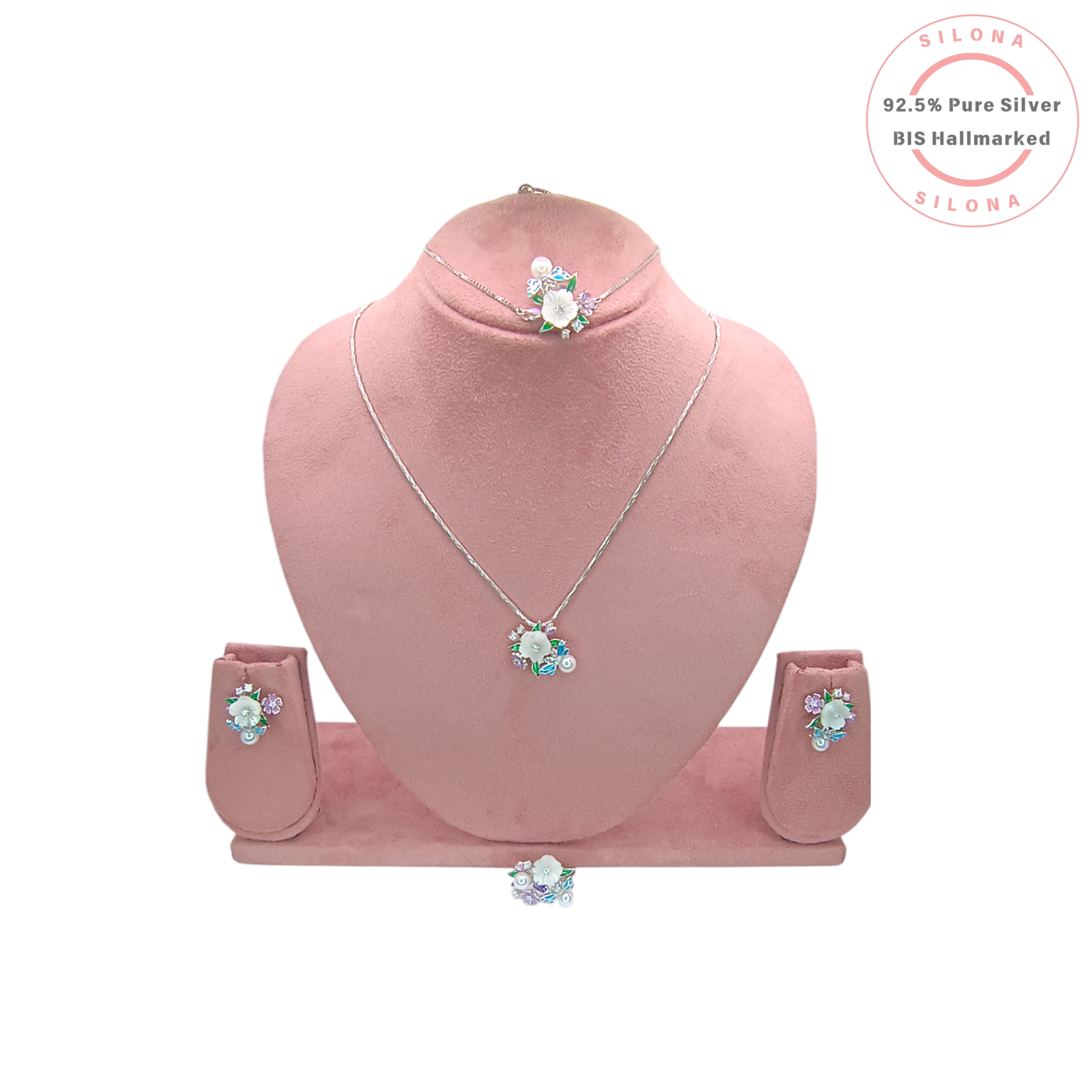 Silona's Enamel Garden Necklace and Earring Set, featuring a mother of pearl flower, blue dragonflies, purple blooms, and pearls in 92.5 sterling silver.