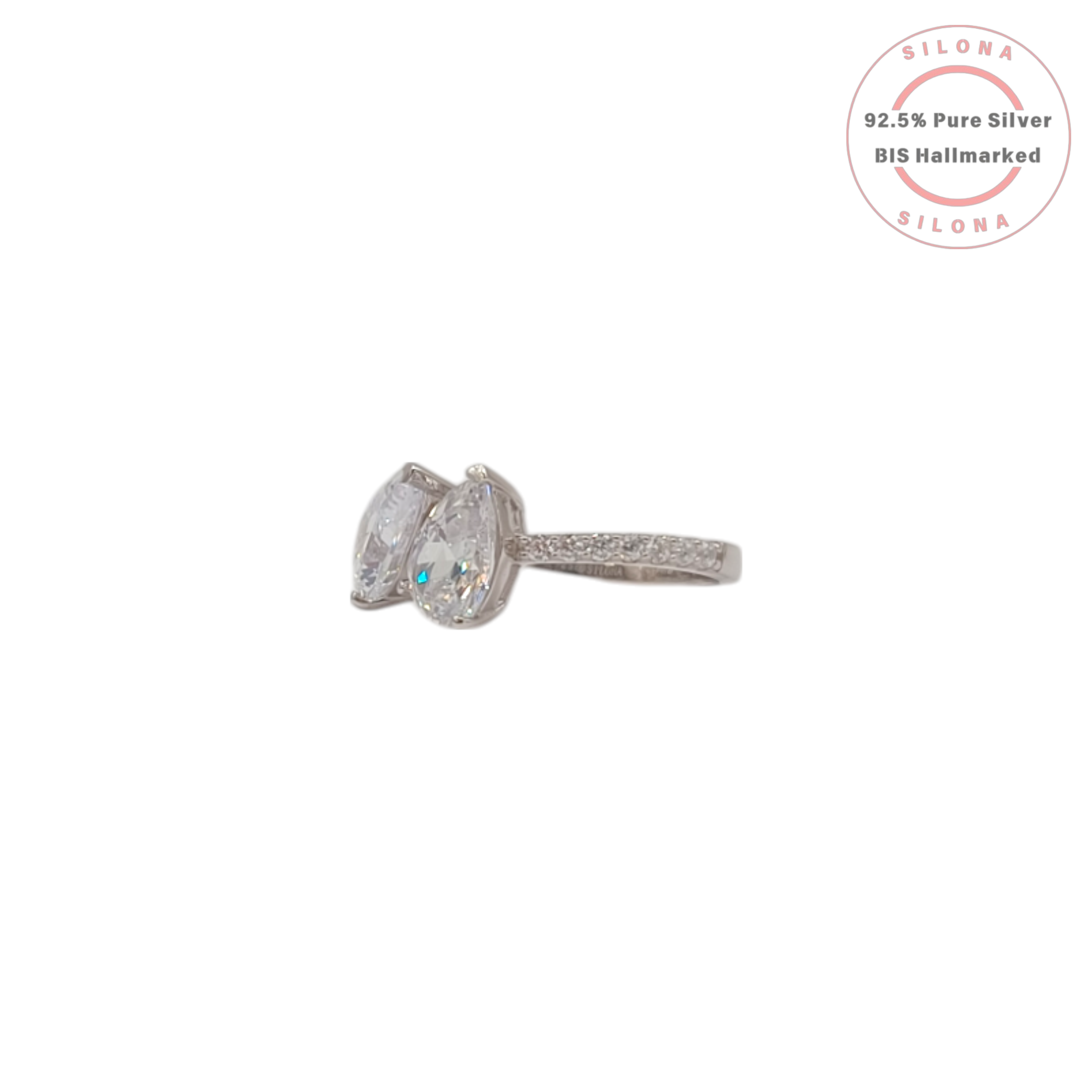 A modern Toi et Moi style ring crafted in 92.5 silver, featuring two large, pear-cut cubic zirconia stones on a white background.