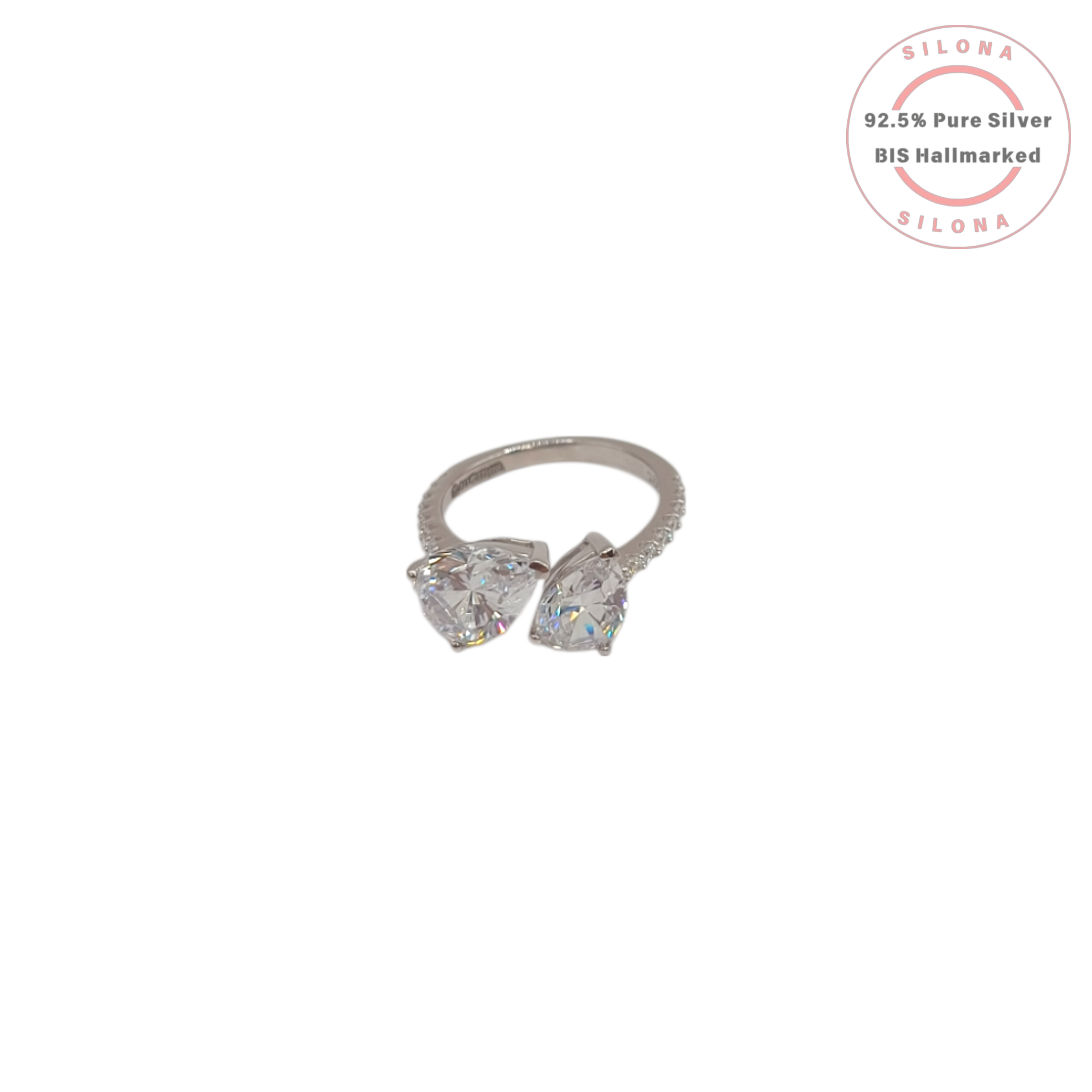 A modern Toi et Moi style ring crafted in 92.5 silver, featuring two large, pear-cut cubic zirconia stones on a white background.