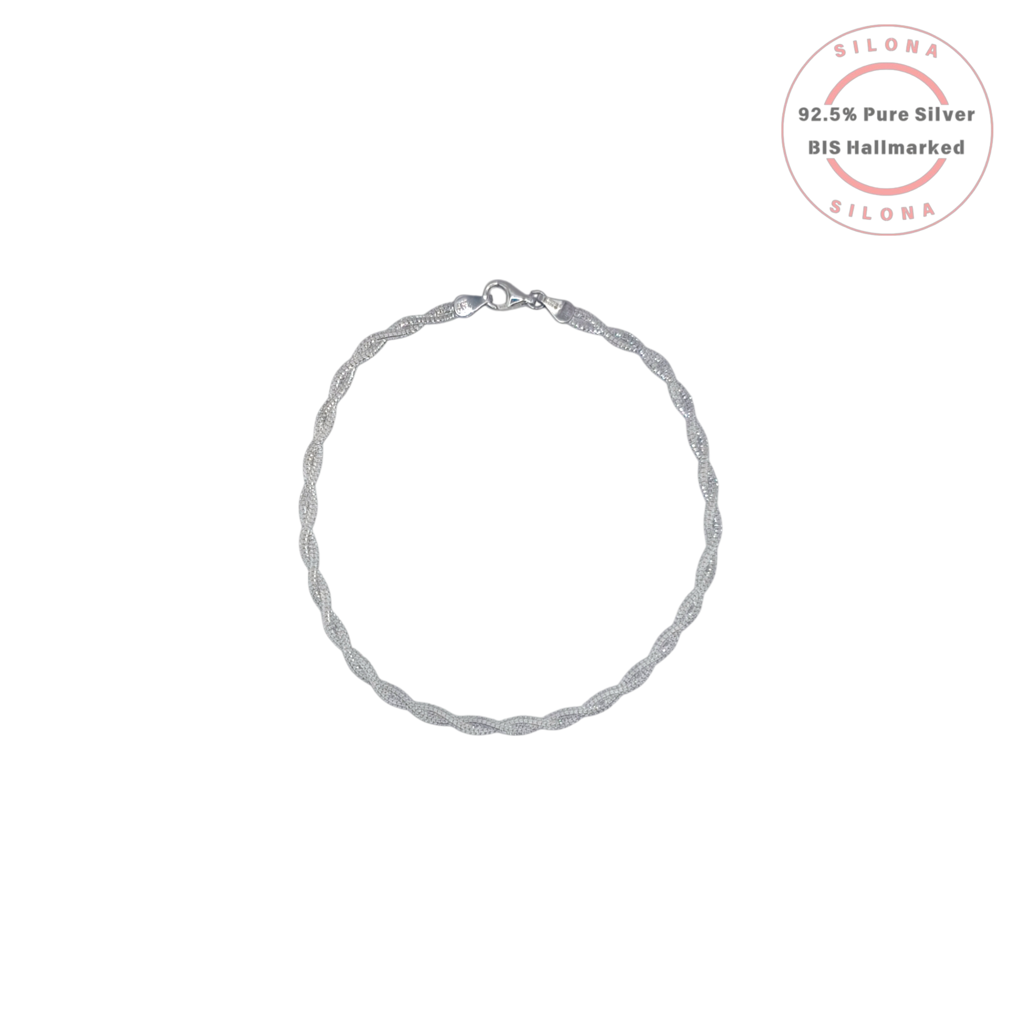 Silona's elegant twisted rope anklet in pure 92.5 sterling silver on a white background with a lobster clasp.