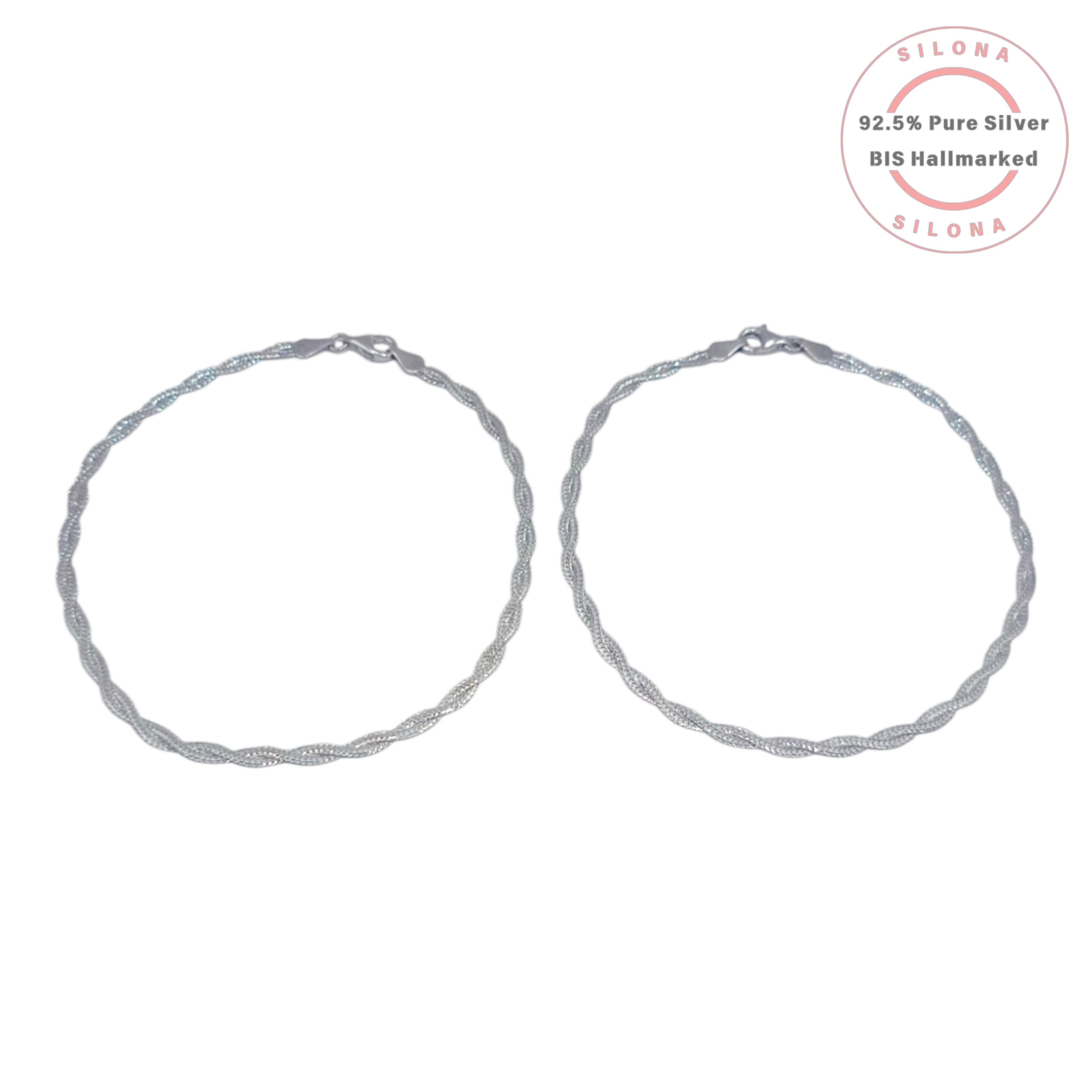 Silona's elegant twisted rope anklet in pure 92.5 sterling silver on a white background with a lobster clasp.