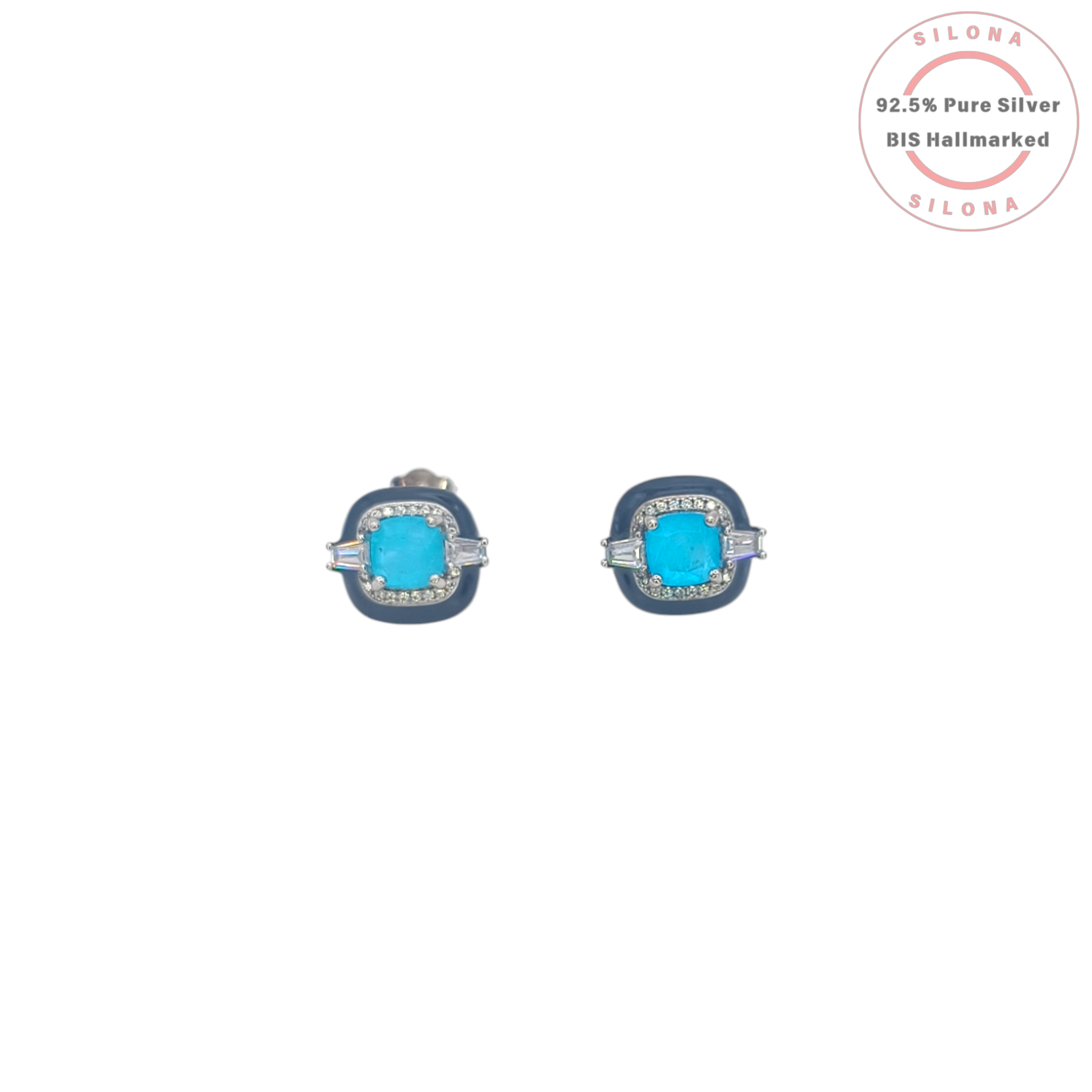 A pair of Art Deco style stud earrings in 92.5 silver, featuring a central square turquoise-colored stone, a black enamel frame, and side baguette cubic zirconia, on a white background.