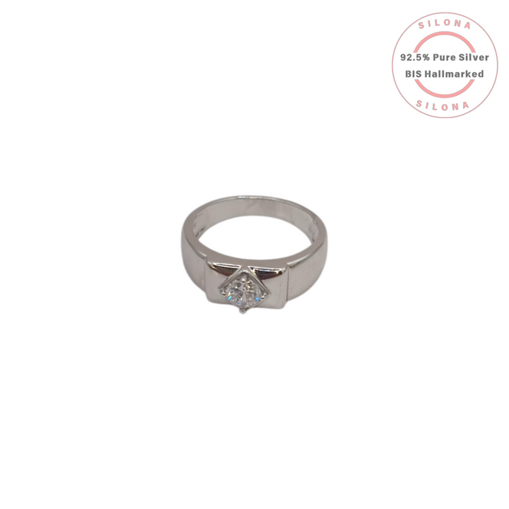 A classic men's solitaire ring crafted from polished 92.5 silver, featuring a square-cut cubic zirconia on a white background.