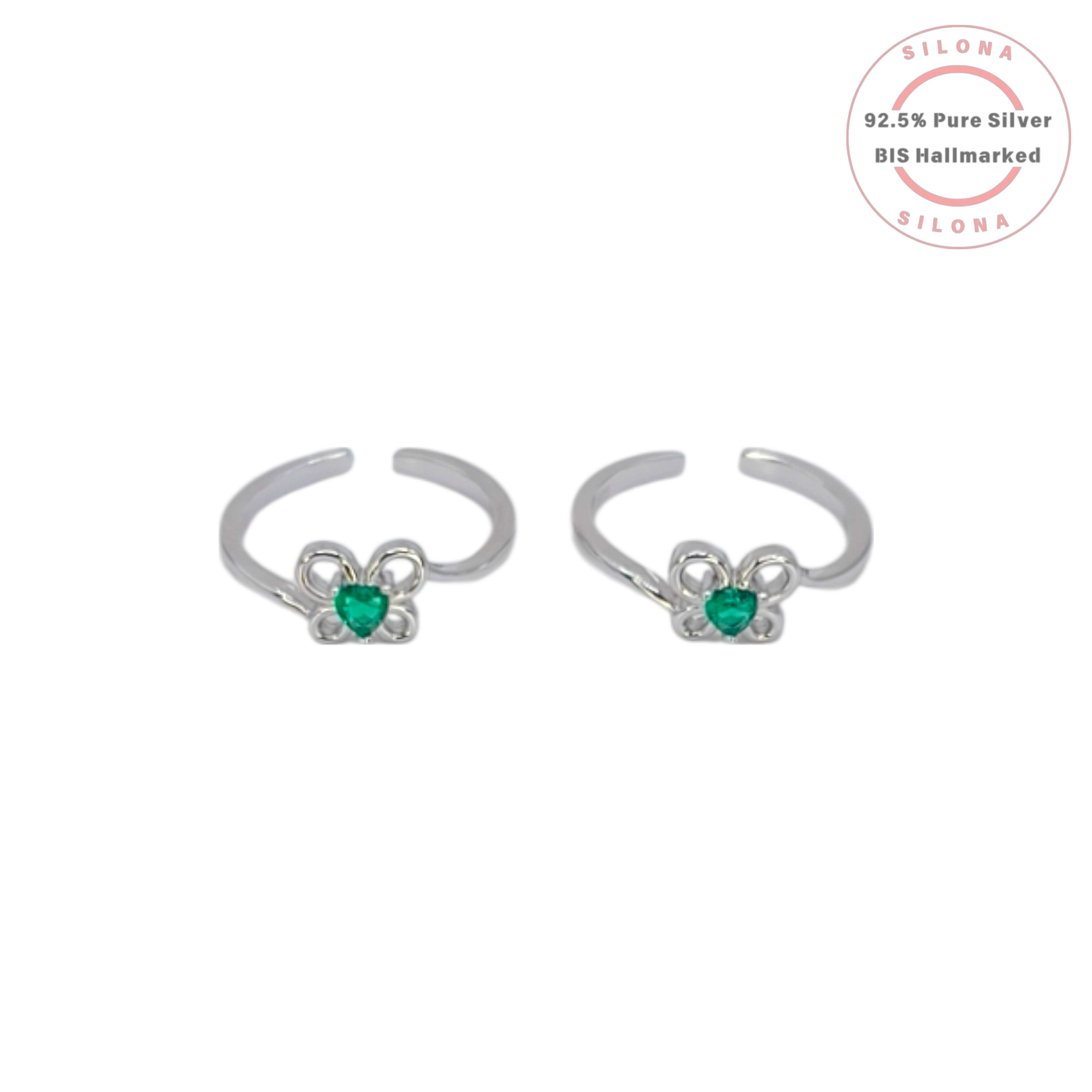 Pair of Silona silver toe rings with an openwork flower design and a central heart-shaped green stone.