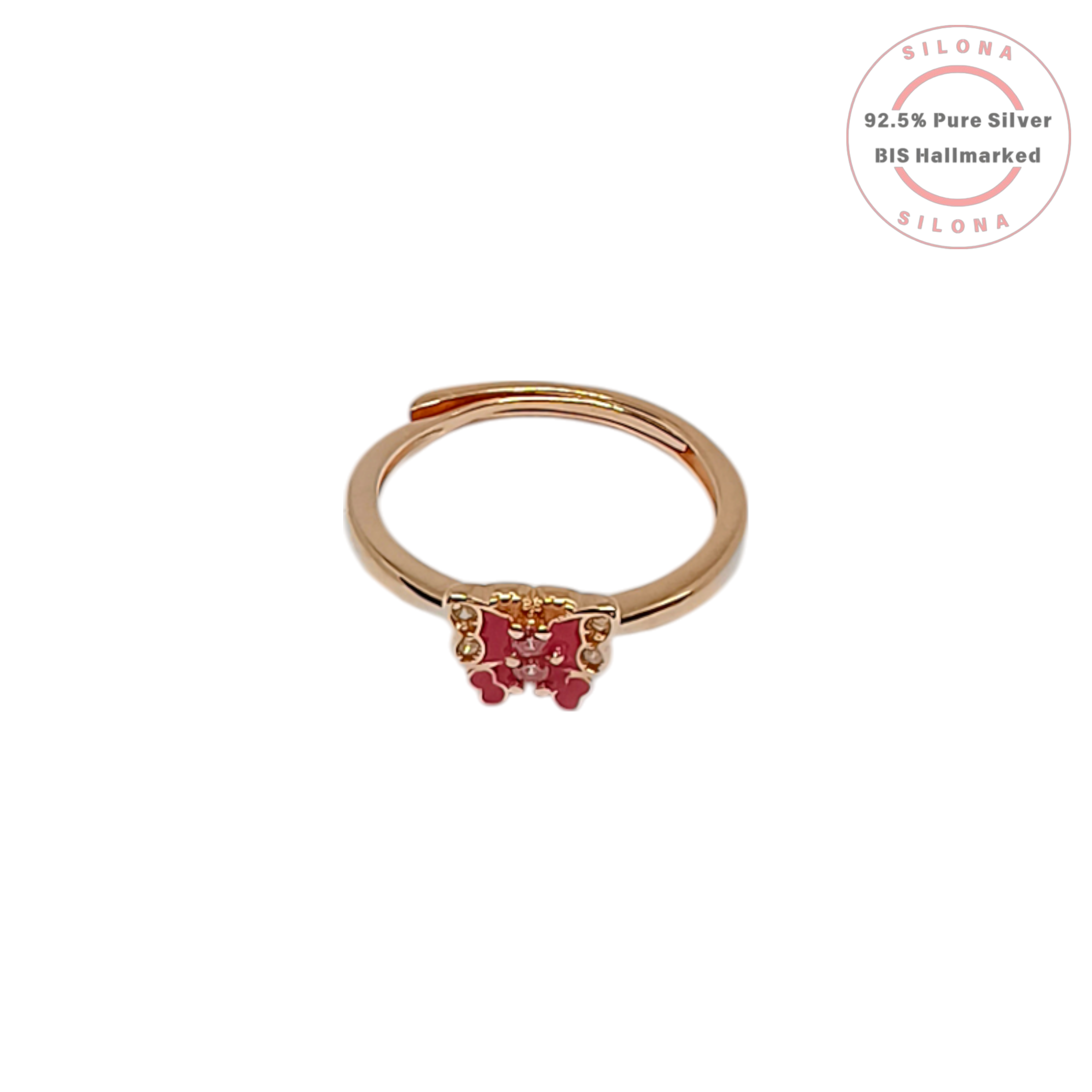 Silona's Dainty Pink Butterfly Enamel Ring with an adjustable band in a rose gold finish, shown on a white background.