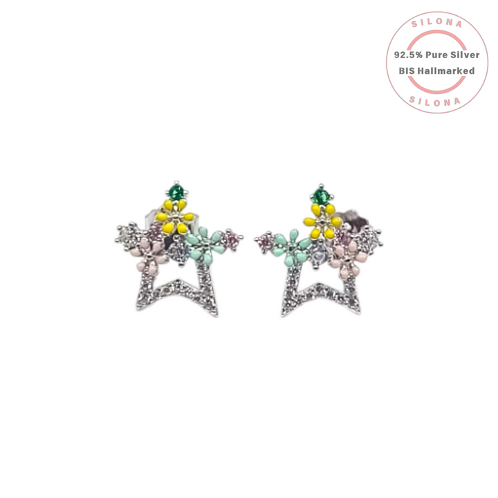 Pair of Silona Pastel Bloom Star Stud Earrings in 92.5 silver, featuring a pave star with small floral details in yellow, green, and pink enamel.