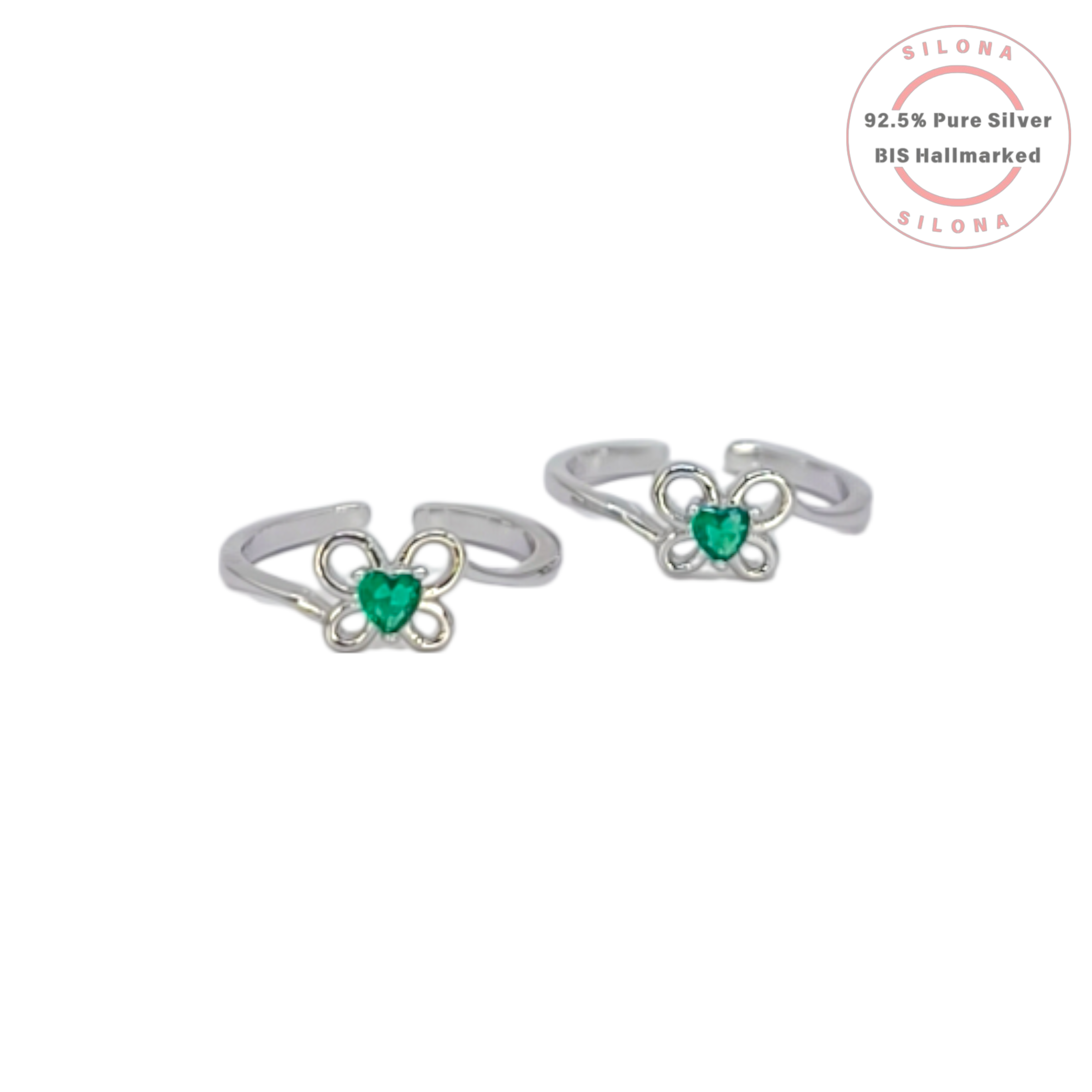 Pair of Silona silver toe rings with an openwork flower design and a central heart-shaped green stone.