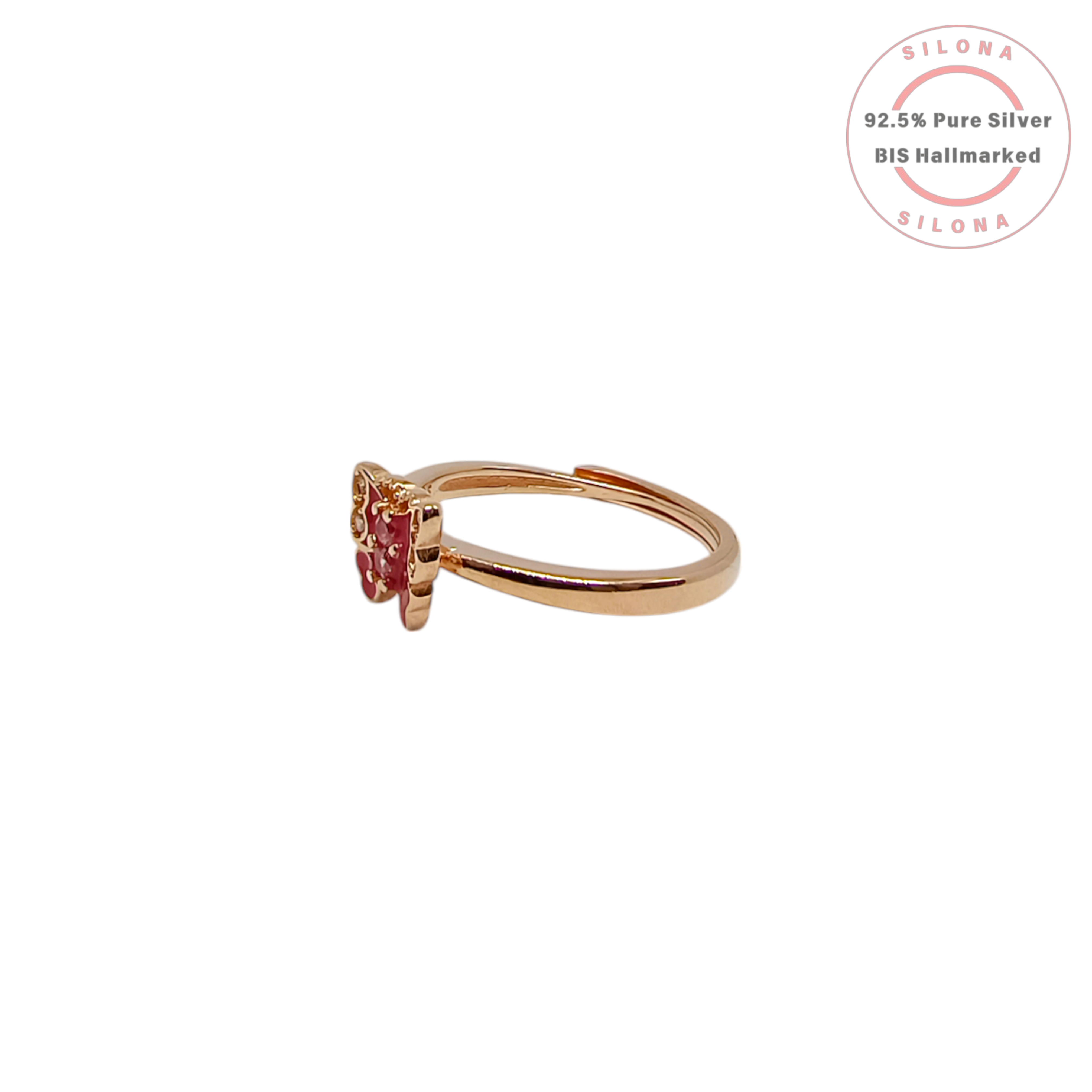 Silona's Dainty Pink Butterfly Enamel Ring with an adjustable band in a rose gold finish, shown on a white background.