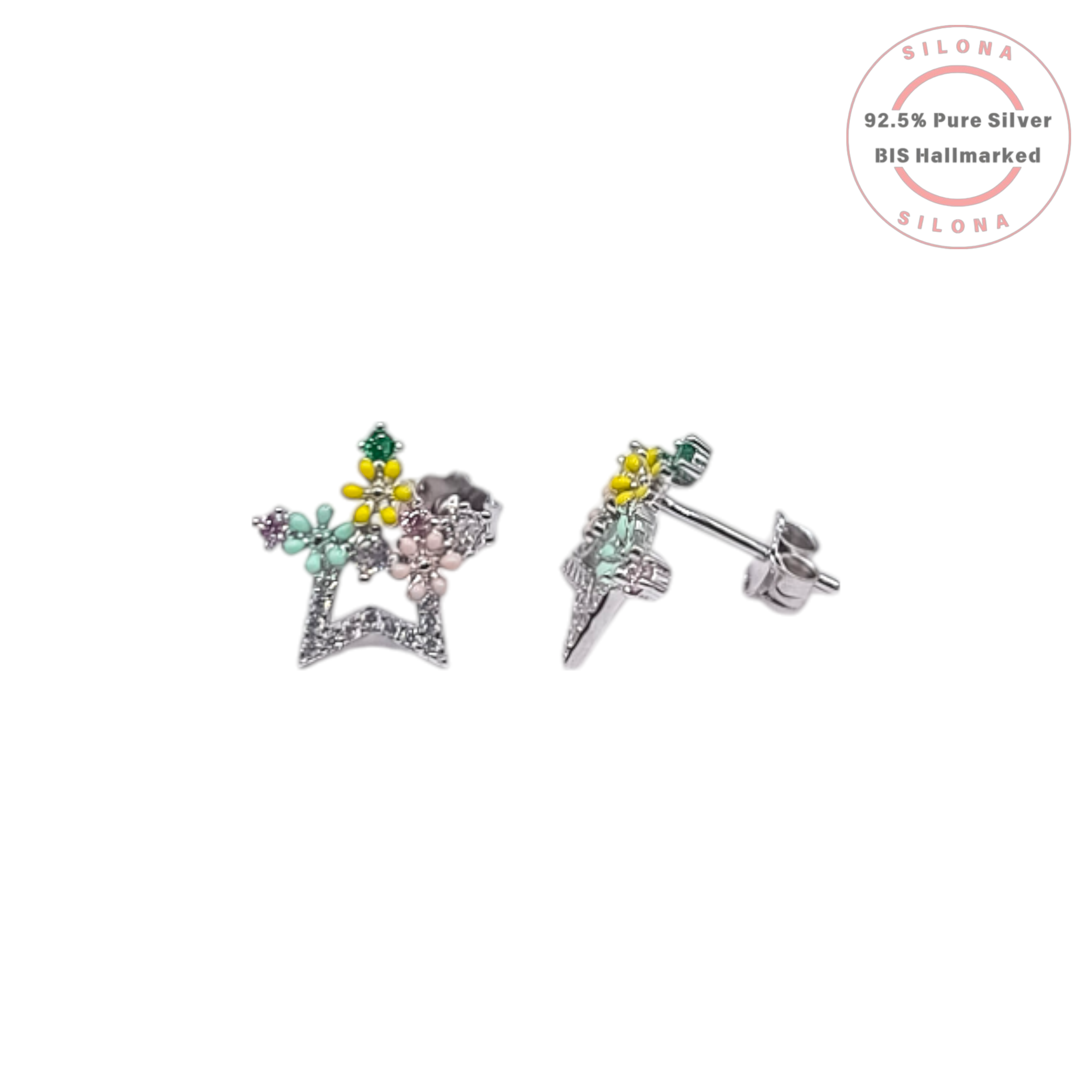 Pair of Silona Pastel Bloom Star Stud Earrings in 92.5 silver, featuring a pave star with small floral details in yellow, green, and pink enamel.