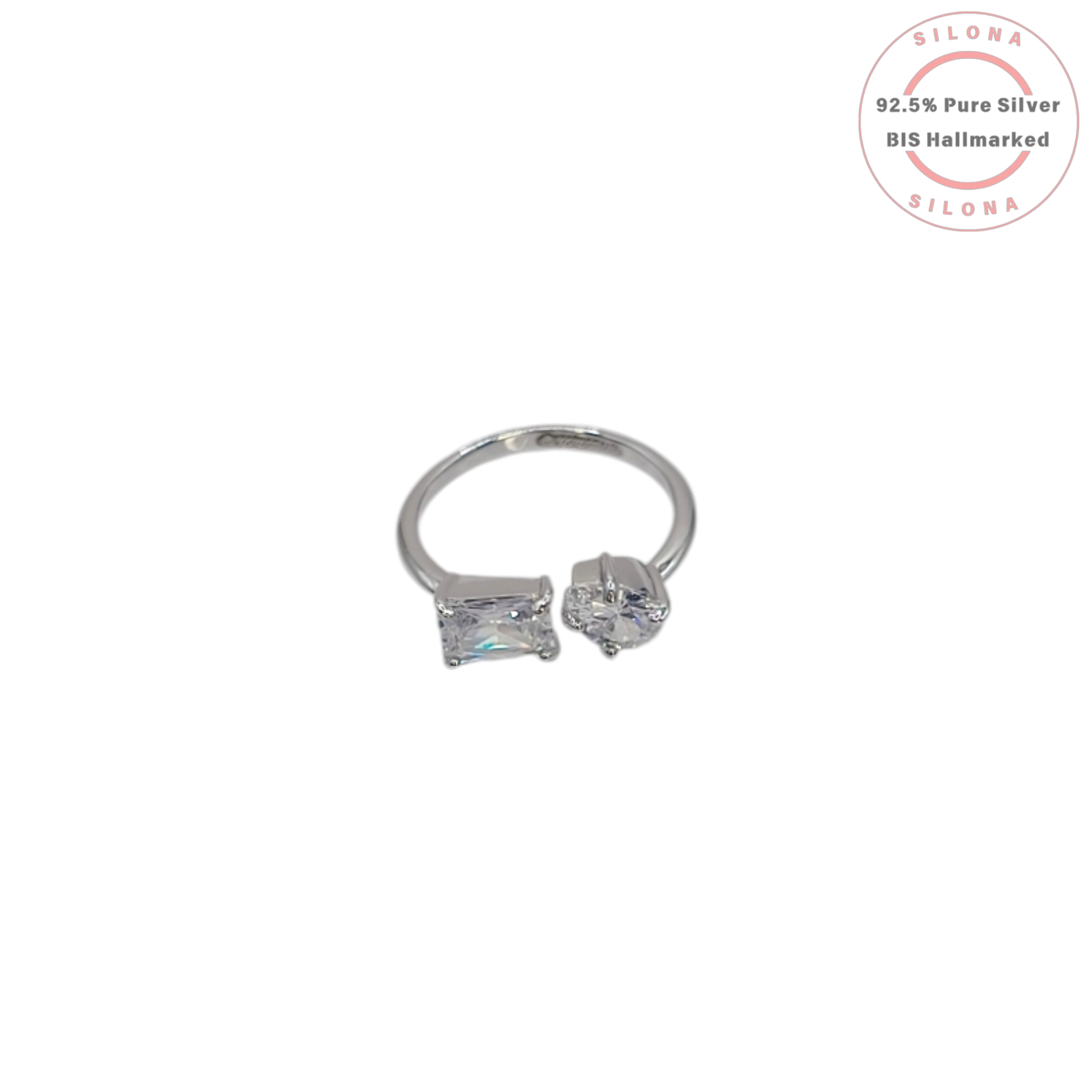 Silona Toi et Moi open ring in 92.5 silver, featuring a heart-shaped and an emerald-cut cubic zirconia stone on a white background.