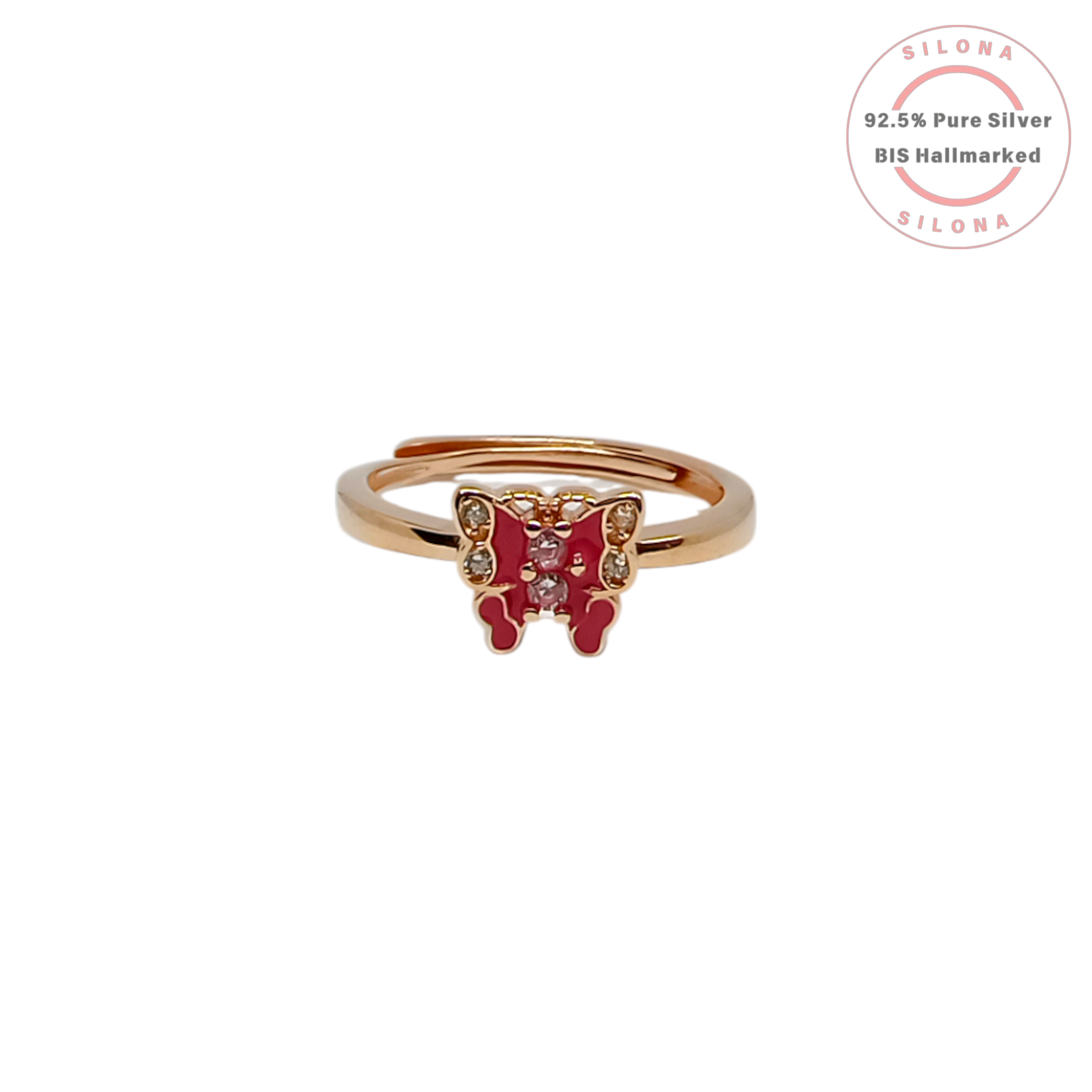 Silona's Dainty Pink Butterfly Enamel Ring with an adjustable band in a rose gold finish, shown on a white background.