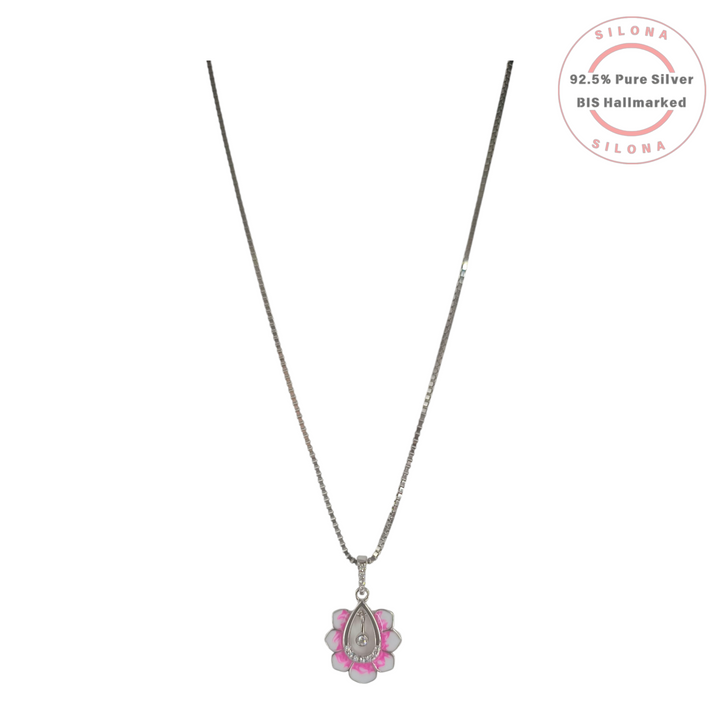 Silona Enamel Lotus Blossom Necklace with a pink and white floral pendant featuring a cubic zirconia, on a silver box chain.