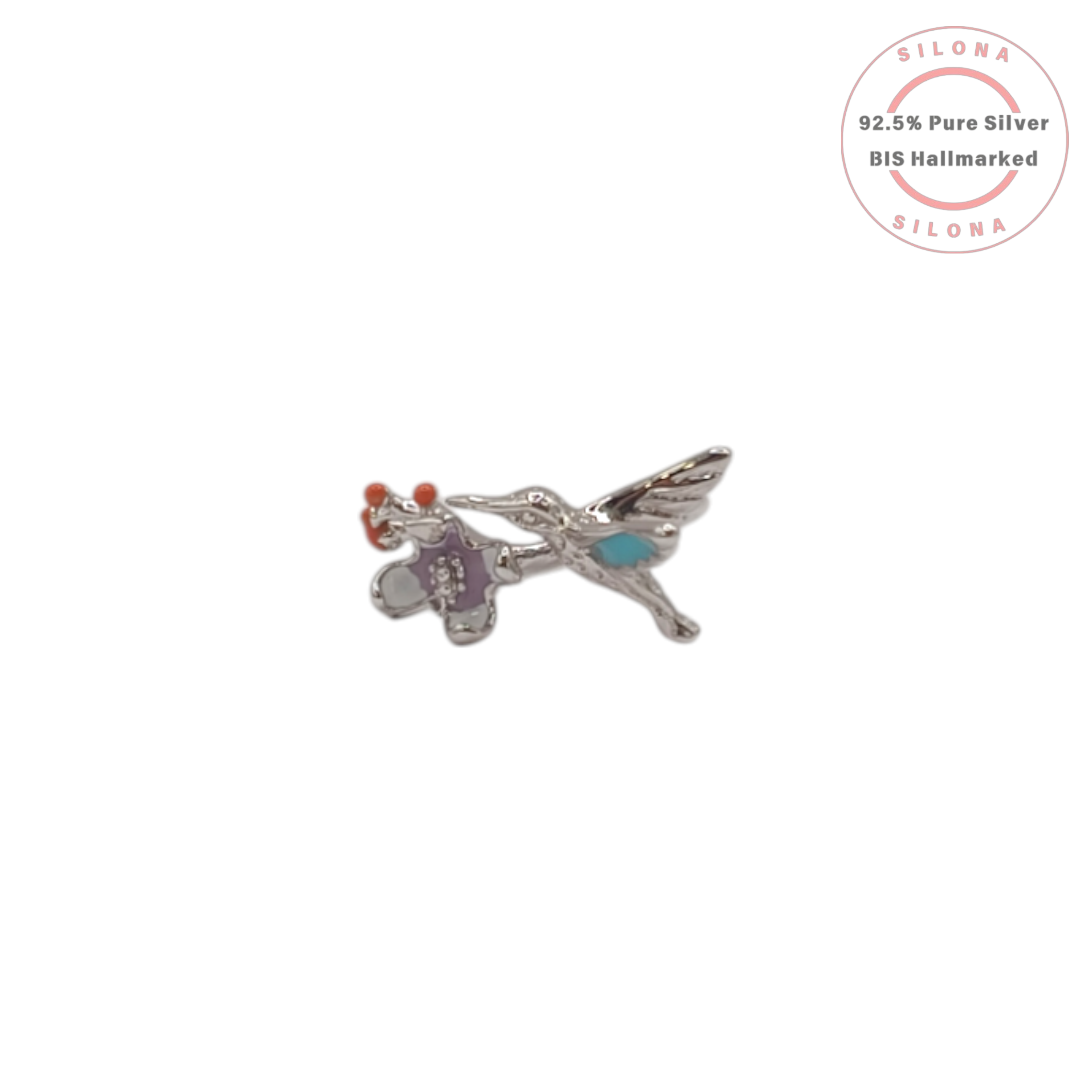 Silona's Hummingbird & Flower Enamel Ring in 92.5 Silver, showing a turquoise and purple enamel bird and flower design.