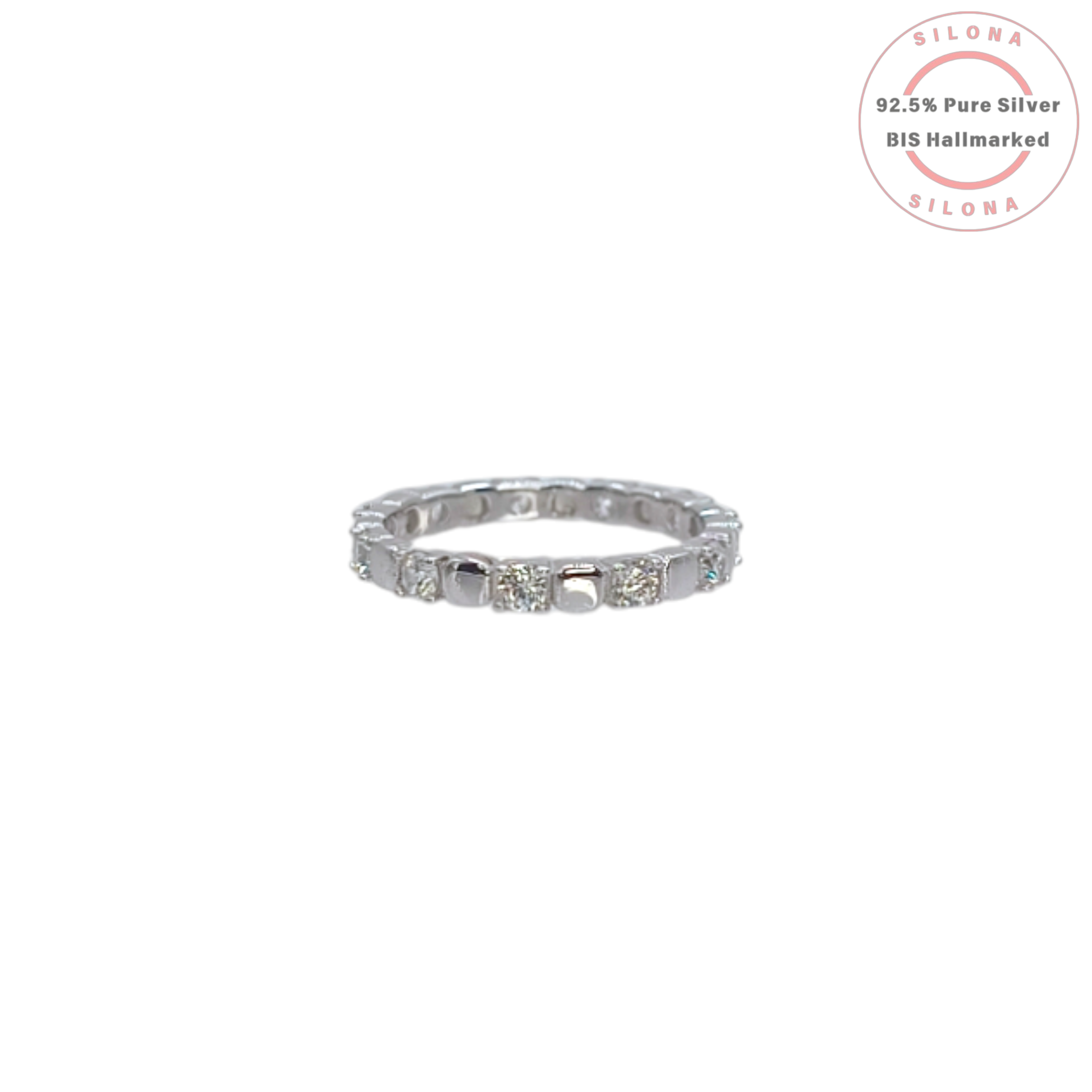 Silona Geometric Eternity Ring in 92.5 Sterling Silver with clear Cubic Zirconia stones, on a white background.