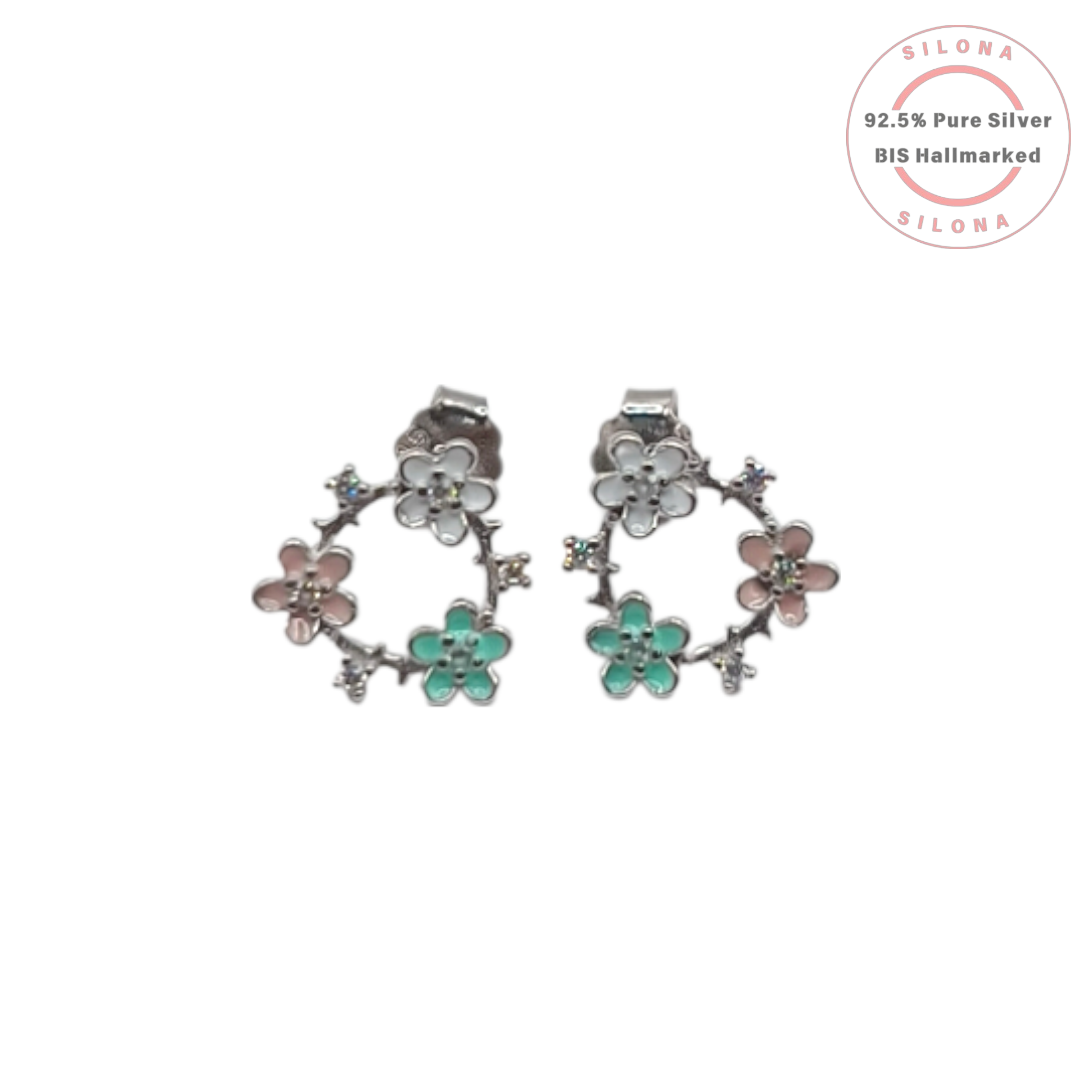 A pair of Silona's Pastel Blossom Wreath Earrings, crafted in 92.5 silver with white, pink, and seafoam green enamel flowers and stud backs.