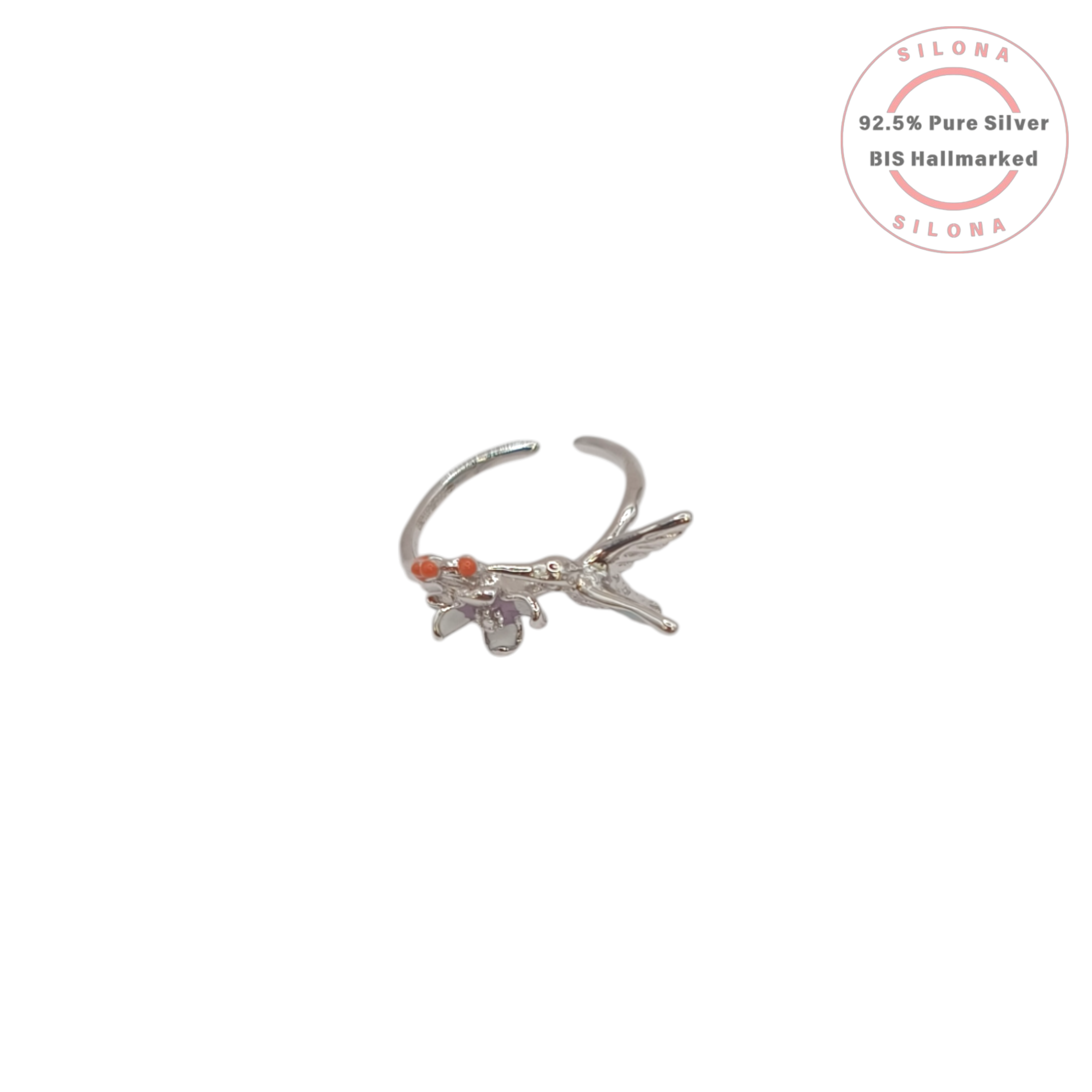 Silona's Hummingbird & Flower Enamel Ring in 92.5 Silver, showing a turquoise and purple enamel bird and flower design.