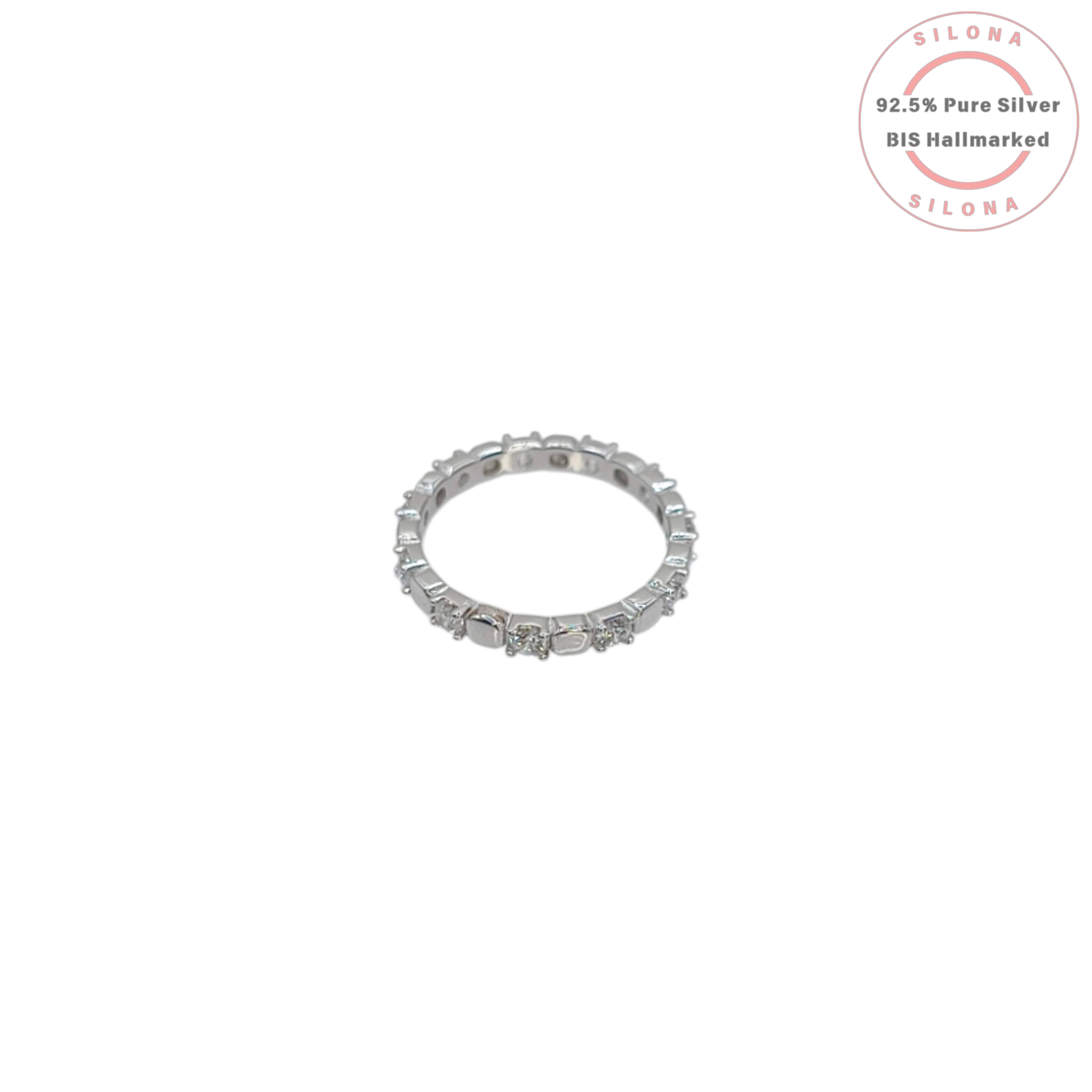Silona Geometric Eternity Ring in 92.5 Sterling Silver with clear Cubic Zirconia stones, on a white background.