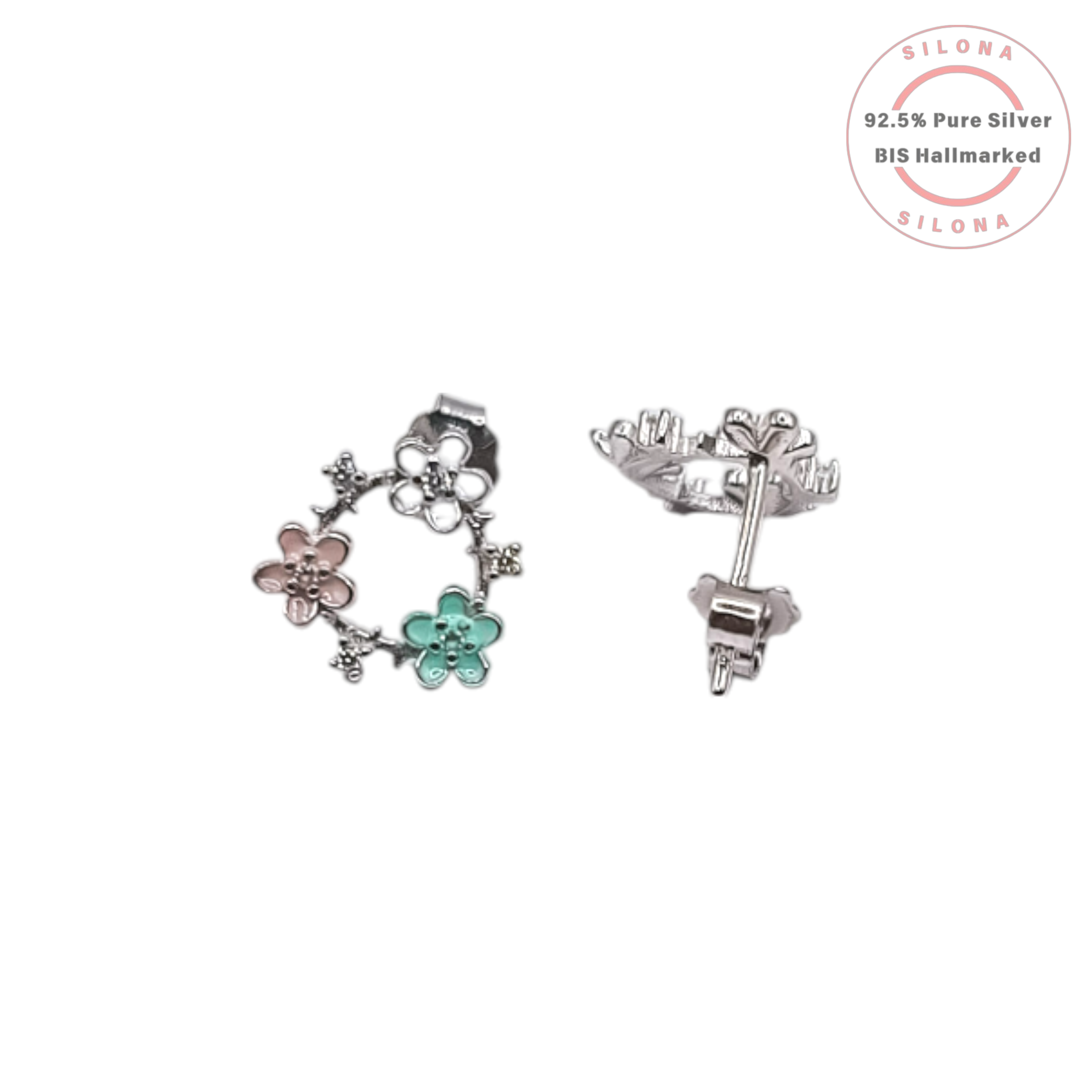 A pair of Silona's Pastel Blossom Wreath Earrings, crafted in 92.5 silver with white, pink, and seafoam green enamel flowers and stud backs.