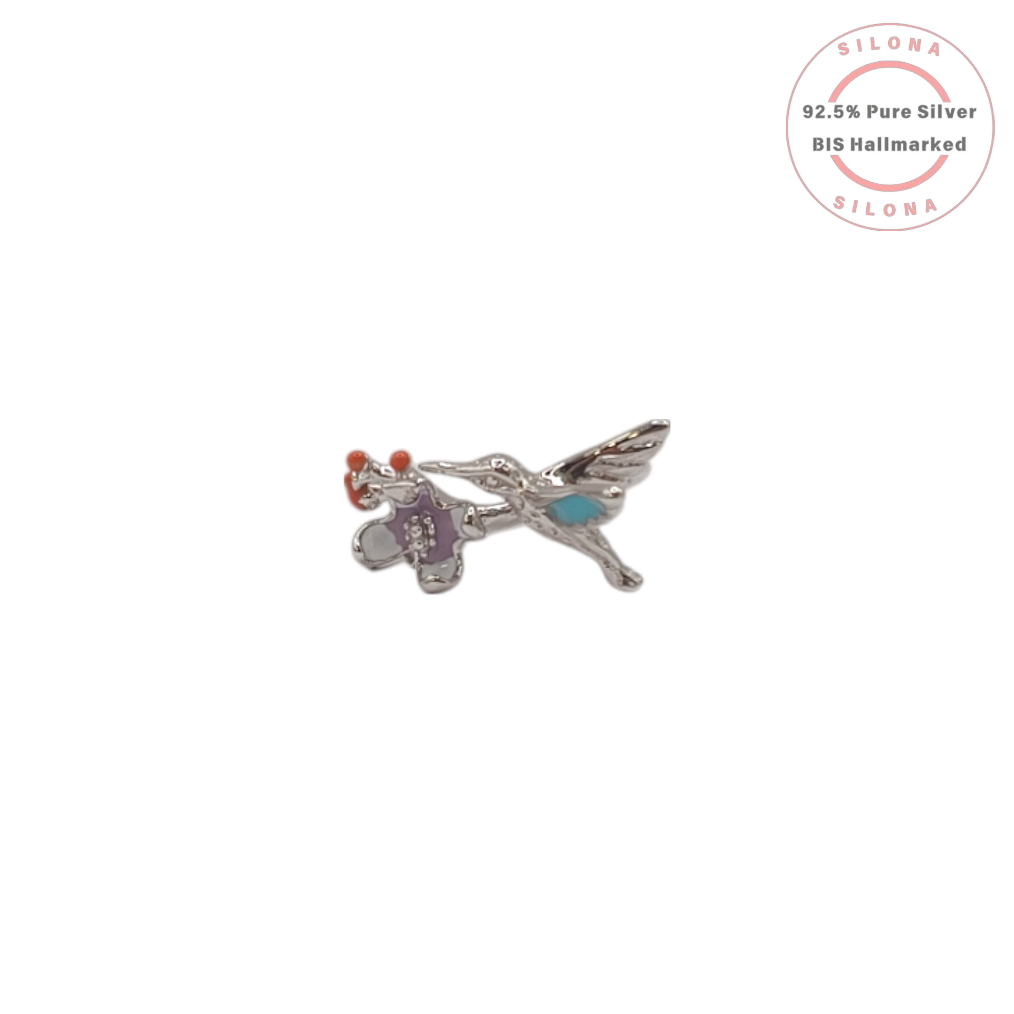 Silona's Hummingbird & Flower Enamel Ring in 92.5 Silver, showing a turquoise and purple enamel bird and flower design.