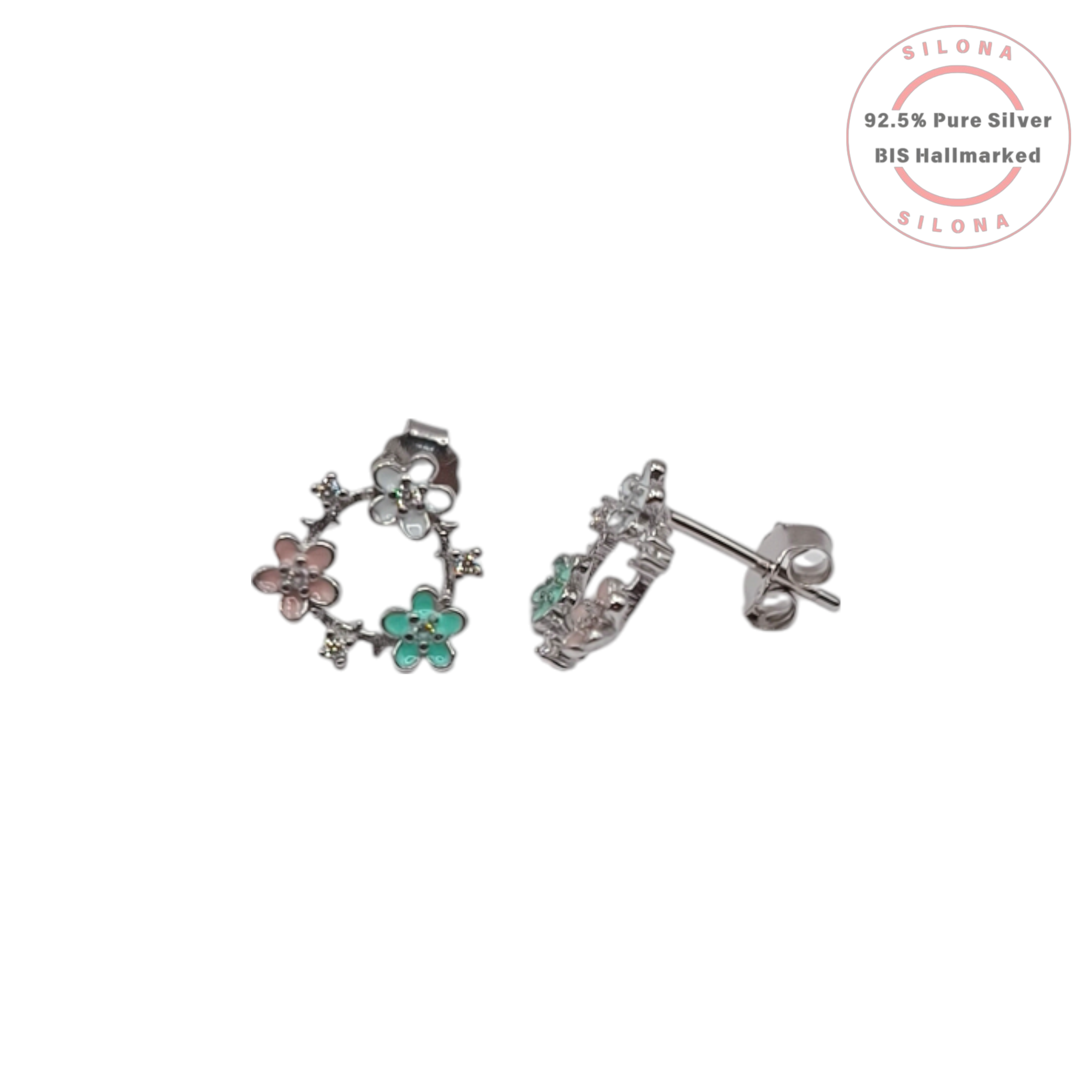 A pair of Silona's Pastel Blossom Wreath Earrings, crafted in 92.5 silver with white, pink, and seafoam green enamel flowers and stud backs.