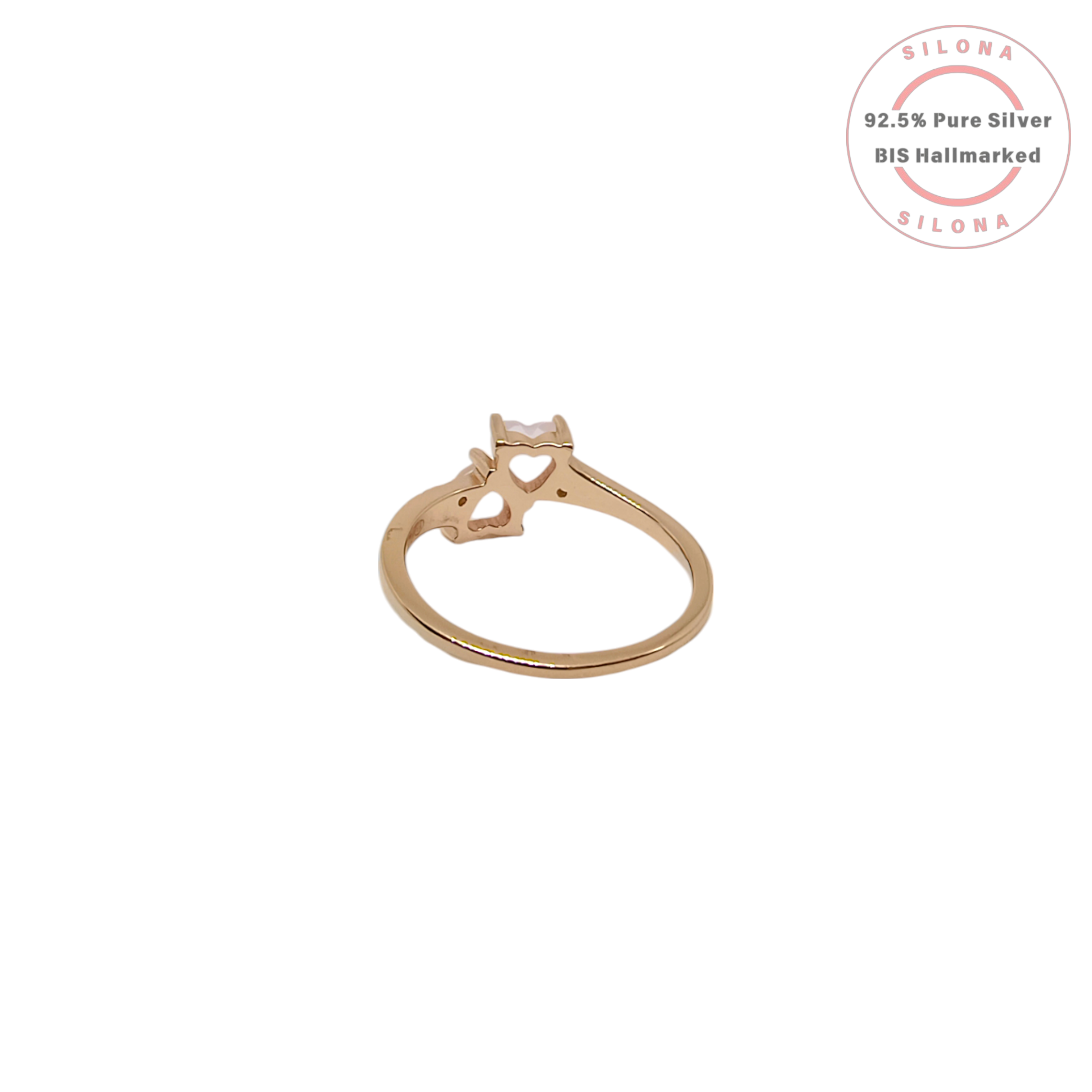Toi et Moi style ring with two heart-shaped pink rose quartz stones on a rose gold plated 92.5 silver band.