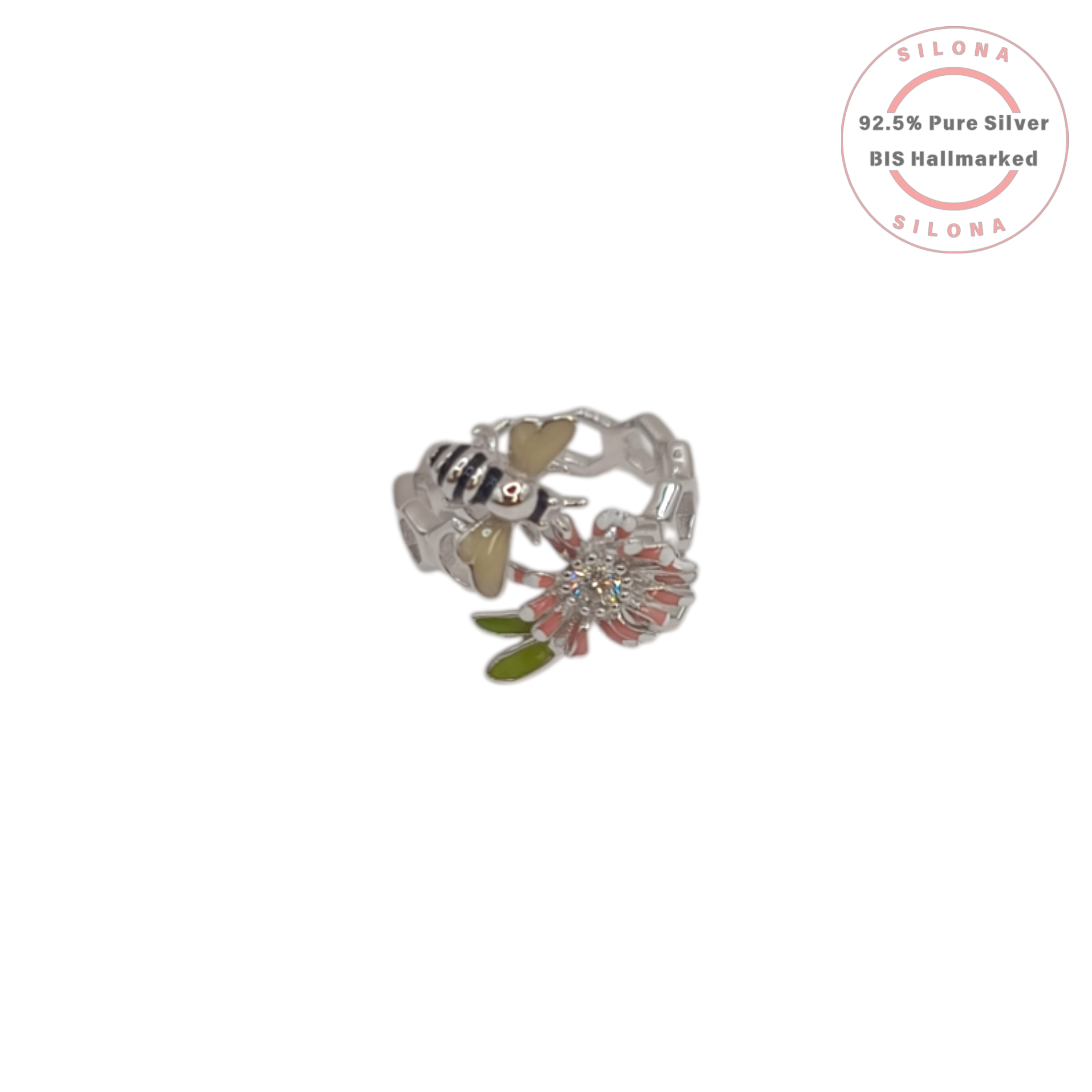 A silver honeycomb band ring featuring a detailed enamel bee and a pink enamel flower with a sparkling cubic zirconia center.