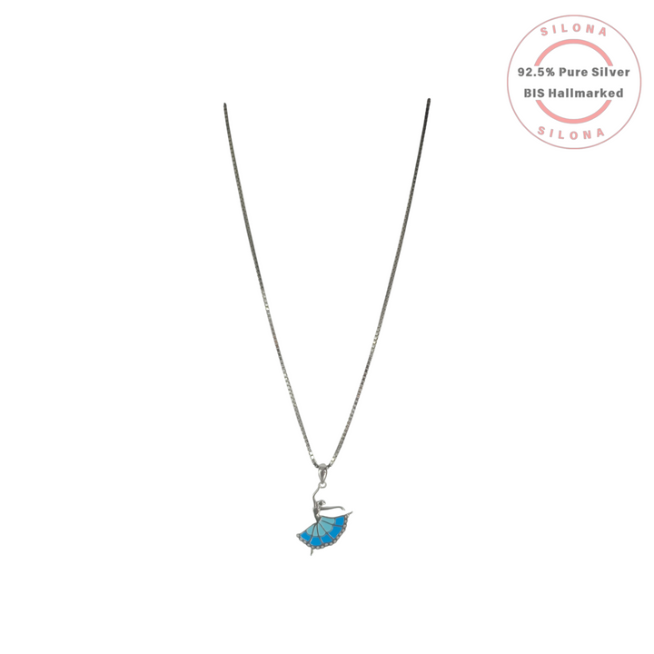 Graceful Blue Enamel Ballerina Pendant Necklace in 92.5 Silver on a white background.