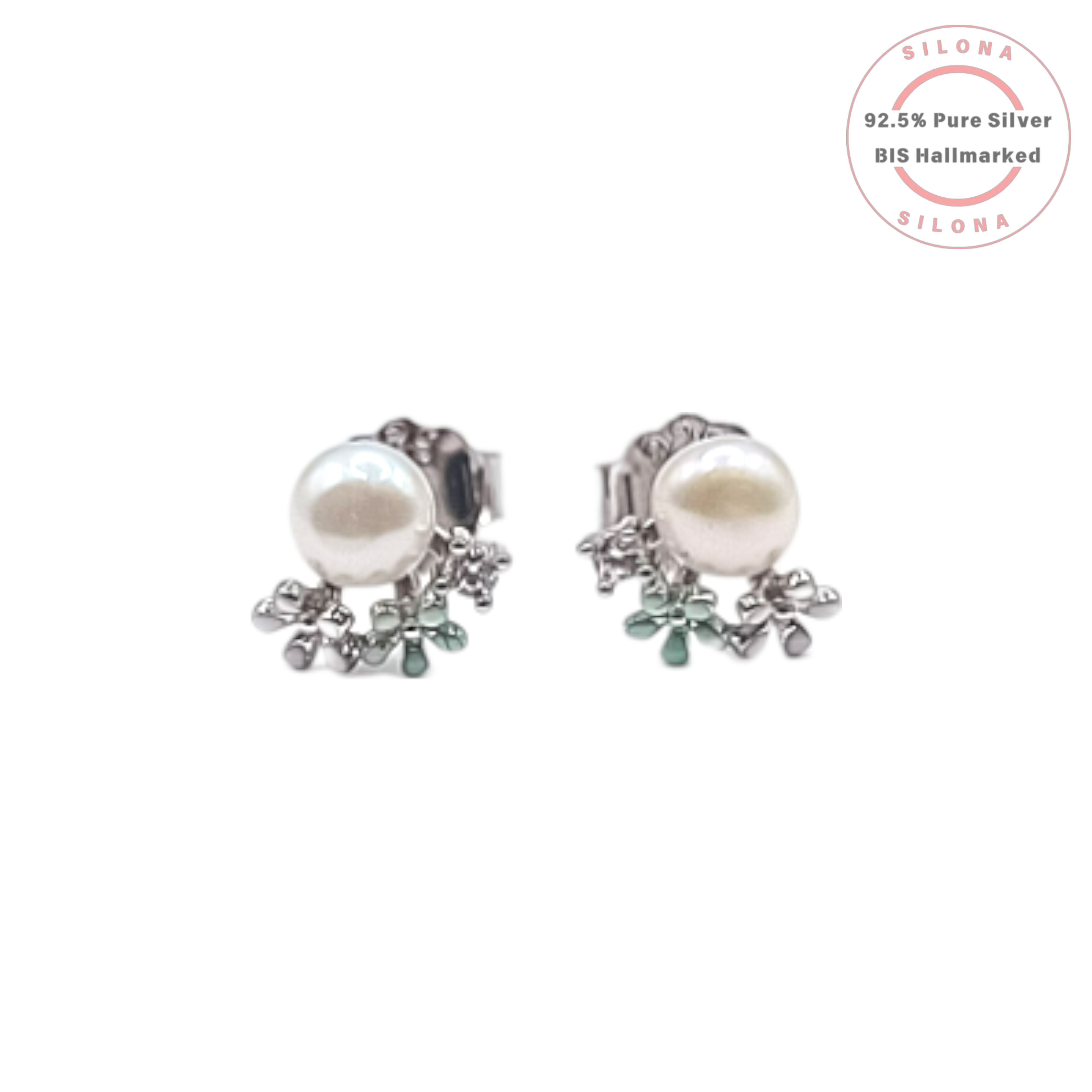 A pair of Silona Mint Blossom Pearl Stud Earrings in 92.5 silver, featuring a central pearl with a delicate mint green and silver cluster, on a white background.