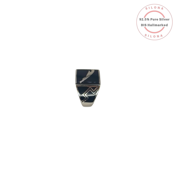 Modern men's signet ring in 92.5 silver with a rectangular black enamel top and an abstract silver motif, on a white background.