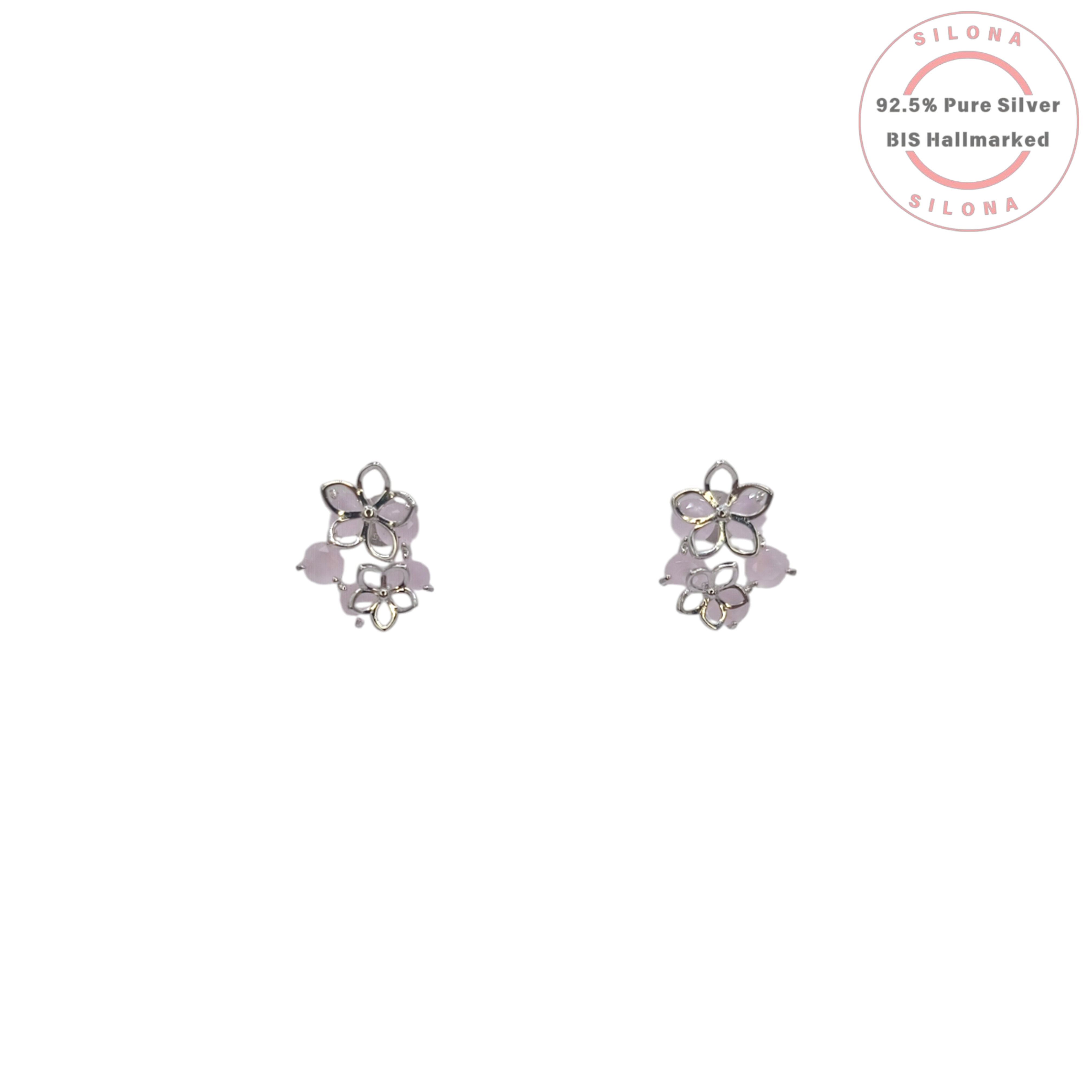 A pair of Silona Pastel Bloom Floral Cluster Stud Earrings in 92.5 silver, featuring delicate lavender-pink stones, on a white background.