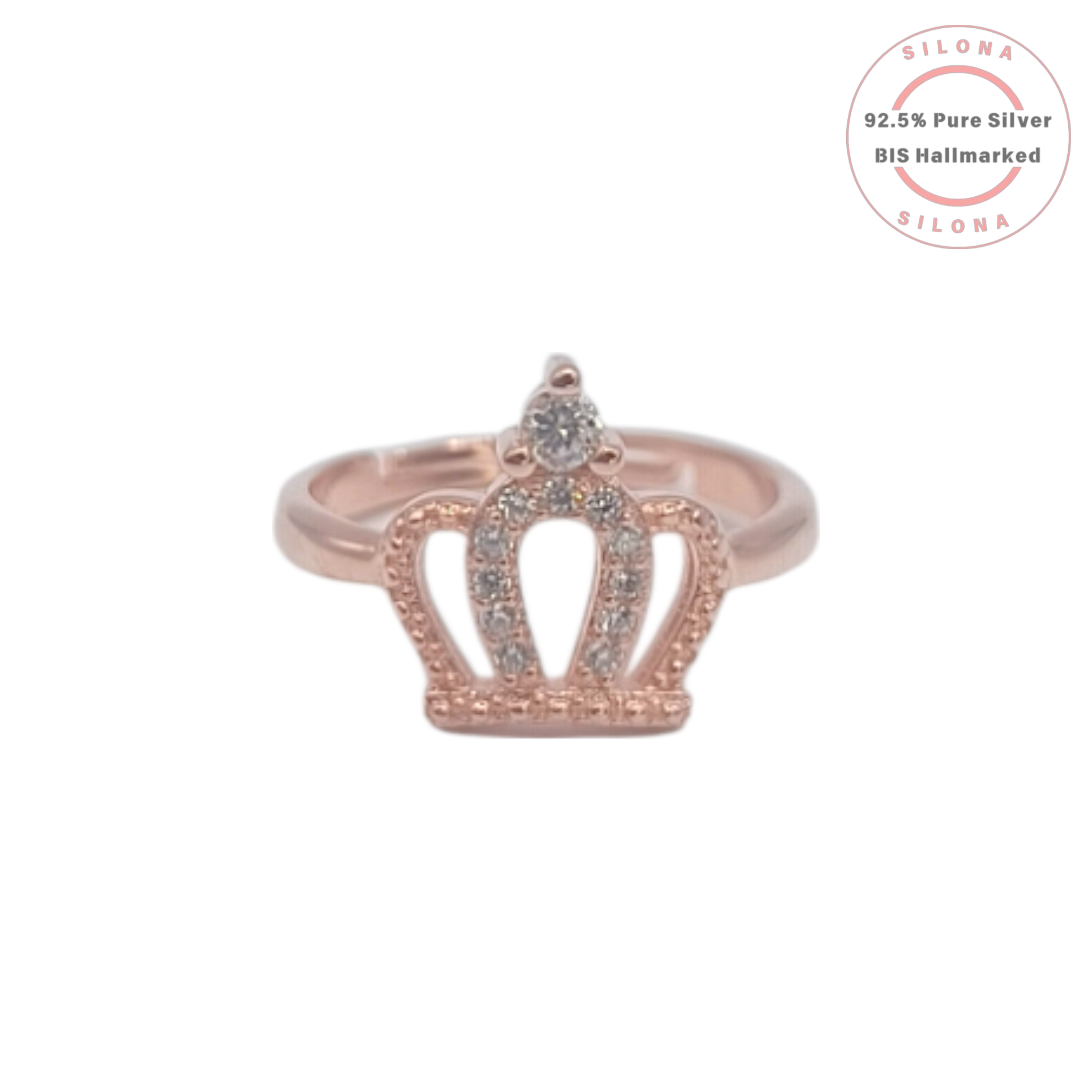 A close-up of the Silona Regal Crown Ring, featuring a rose gold plated silver band with a crown motif set with sparkling cubic zirconia stones, on a white background.