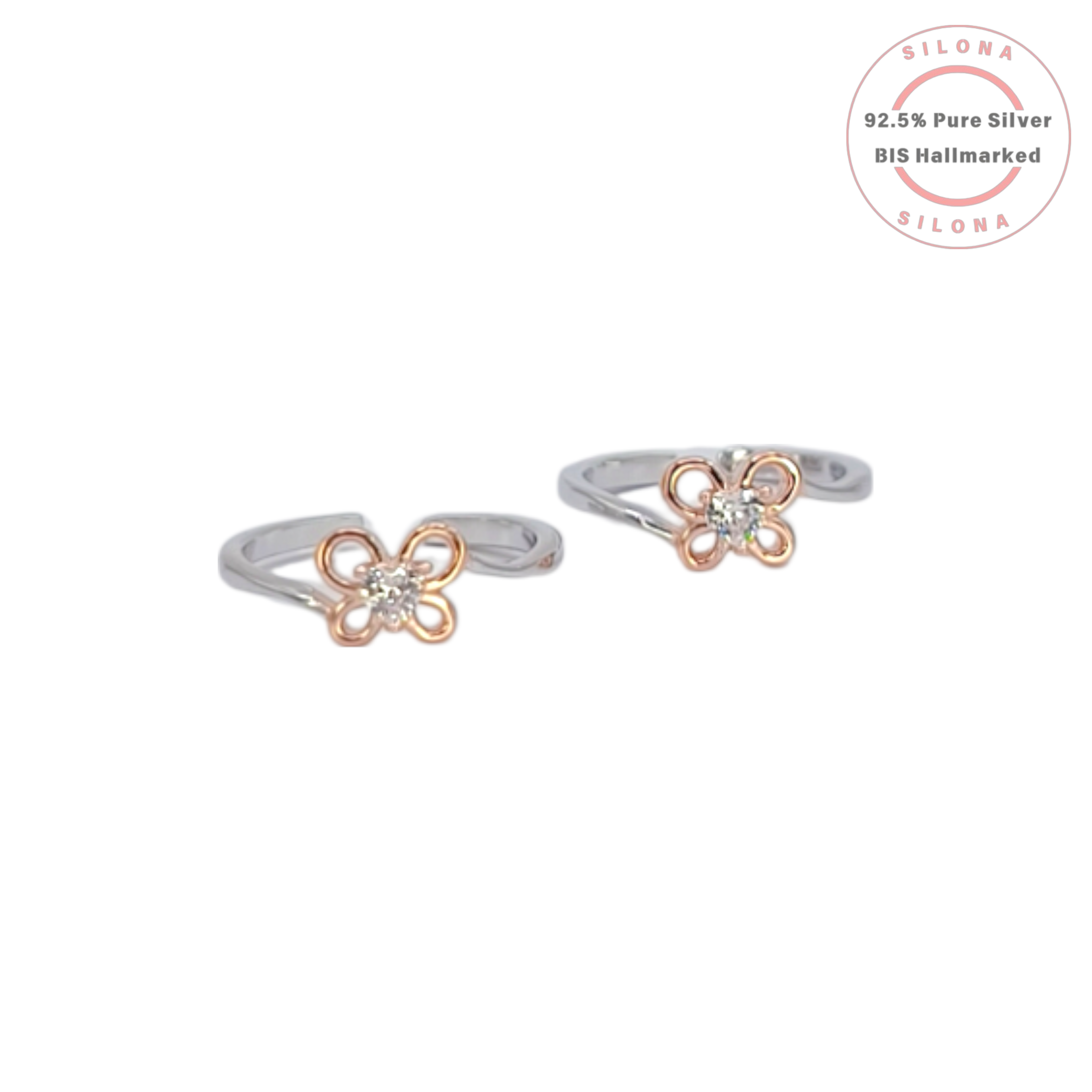 A pair of Rose Gold Butterfly Toe Rings, crafted in 92.5 silver with a central cubic zirconia stone, shown on a clean white background.