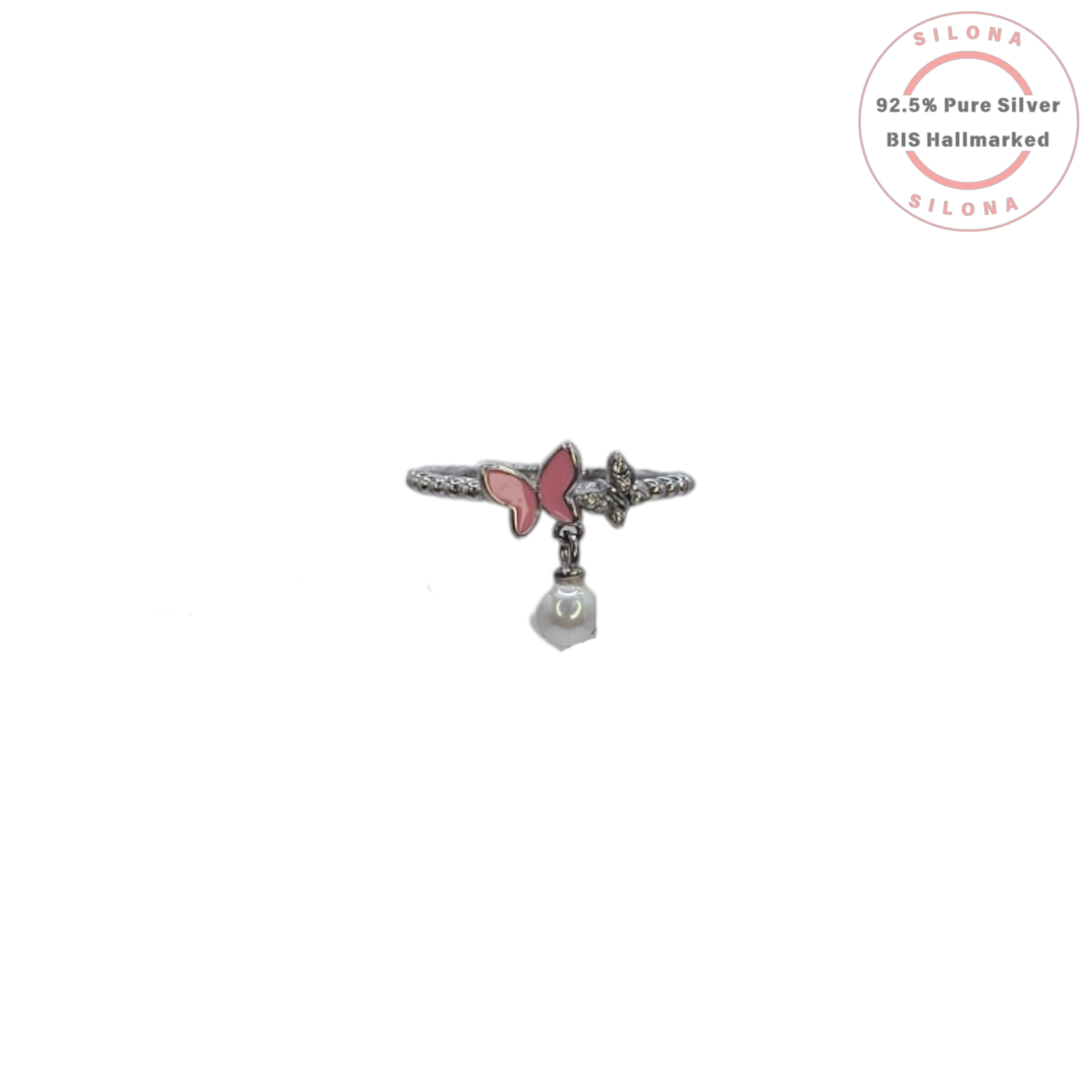Silona Whimsical Butterfly & Pearl Charm Ring in 92.5 silver with pink enamel detailing.