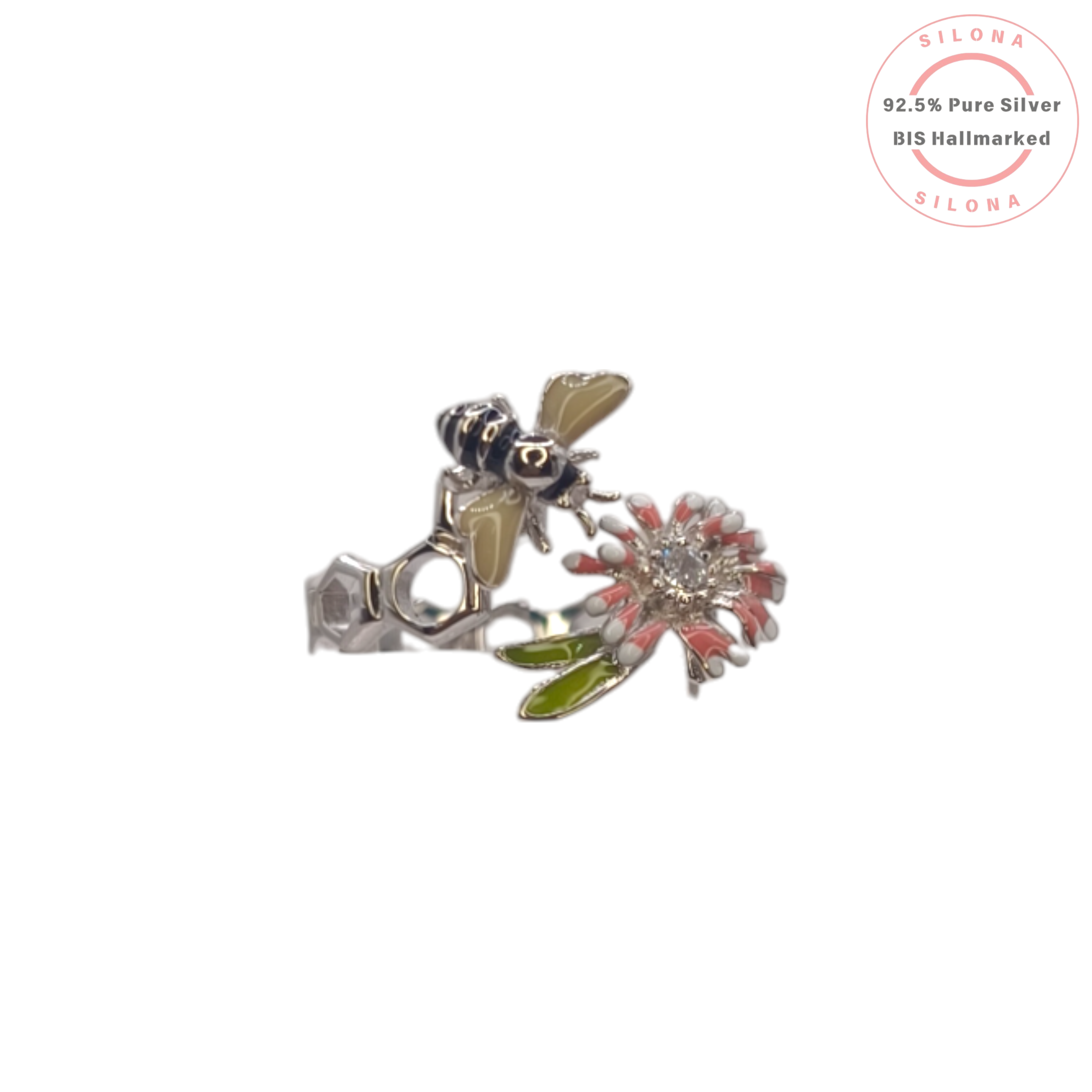 A silver honeycomb band ring featuring a detailed enamel bee and a pink enamel flower with a sparkling cubic zirconia center.