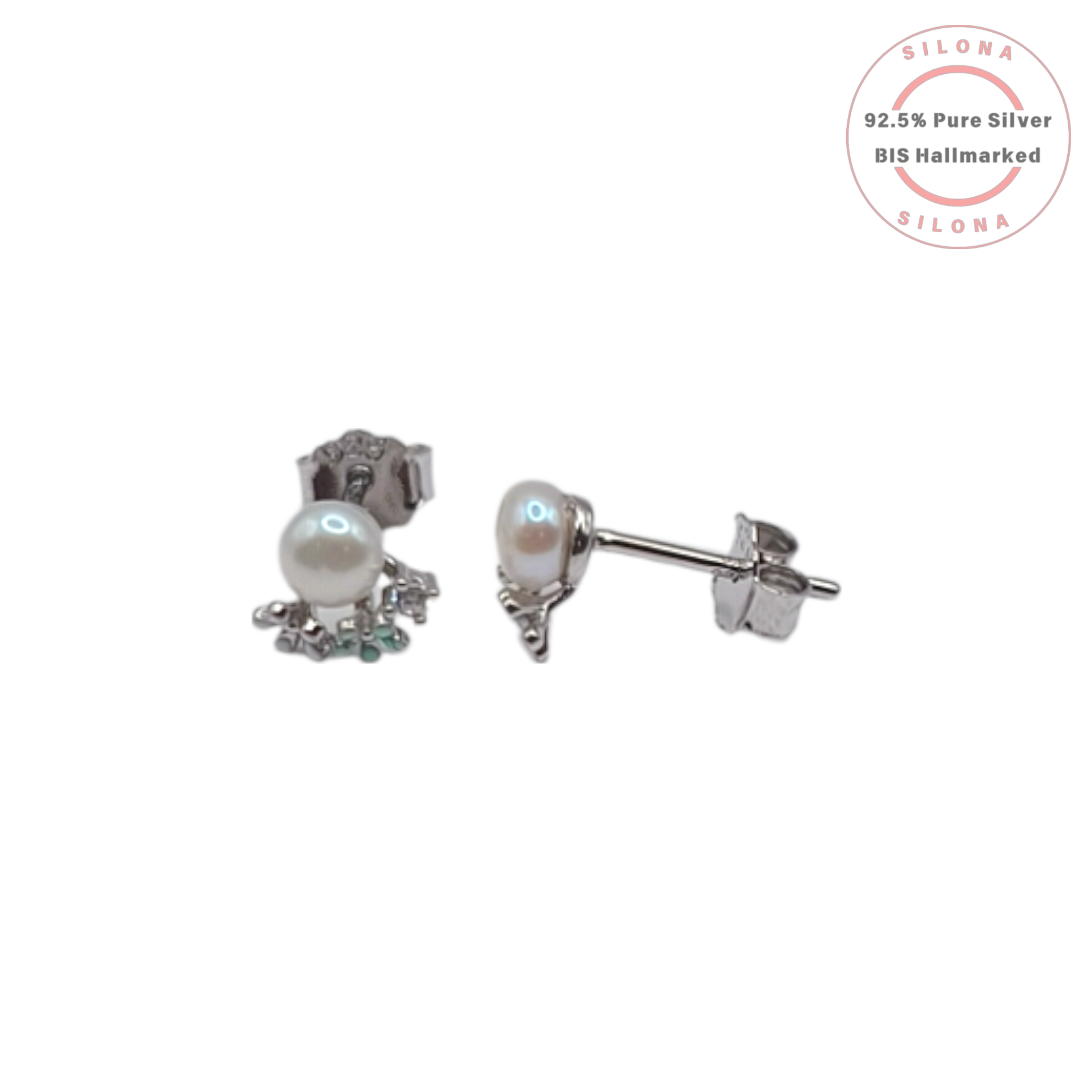 A pair of Silona Mint Blossom Pearl Stud Earrings in 92.5 silver, featuring a central pearl with a delicate mint green and silver cluster, on a white background.