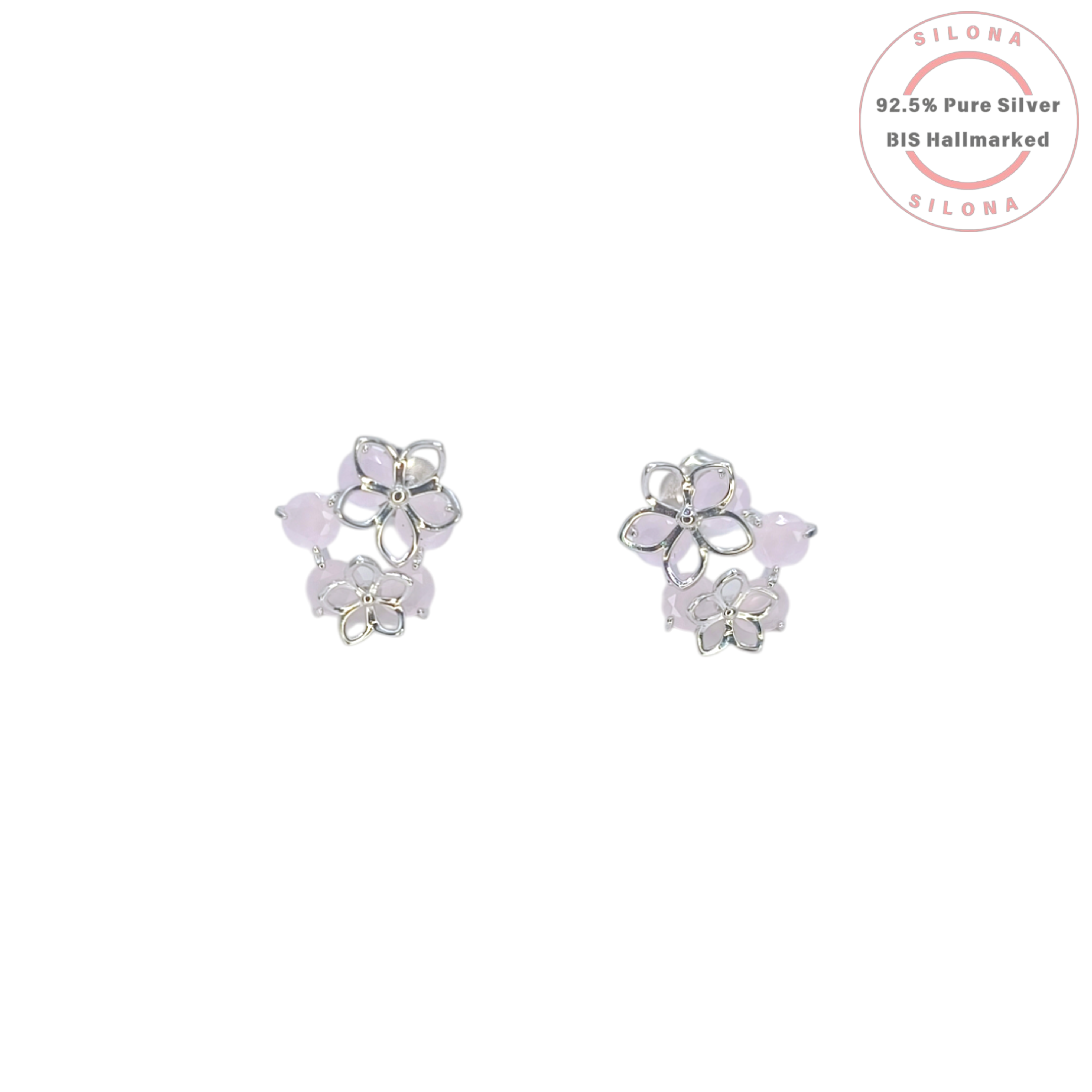 A pair of Silona Pastel Bloom Floral Cluster Stud Earrings in 92.5 silver, featuring delicate lavender-pink stones, on a white background.