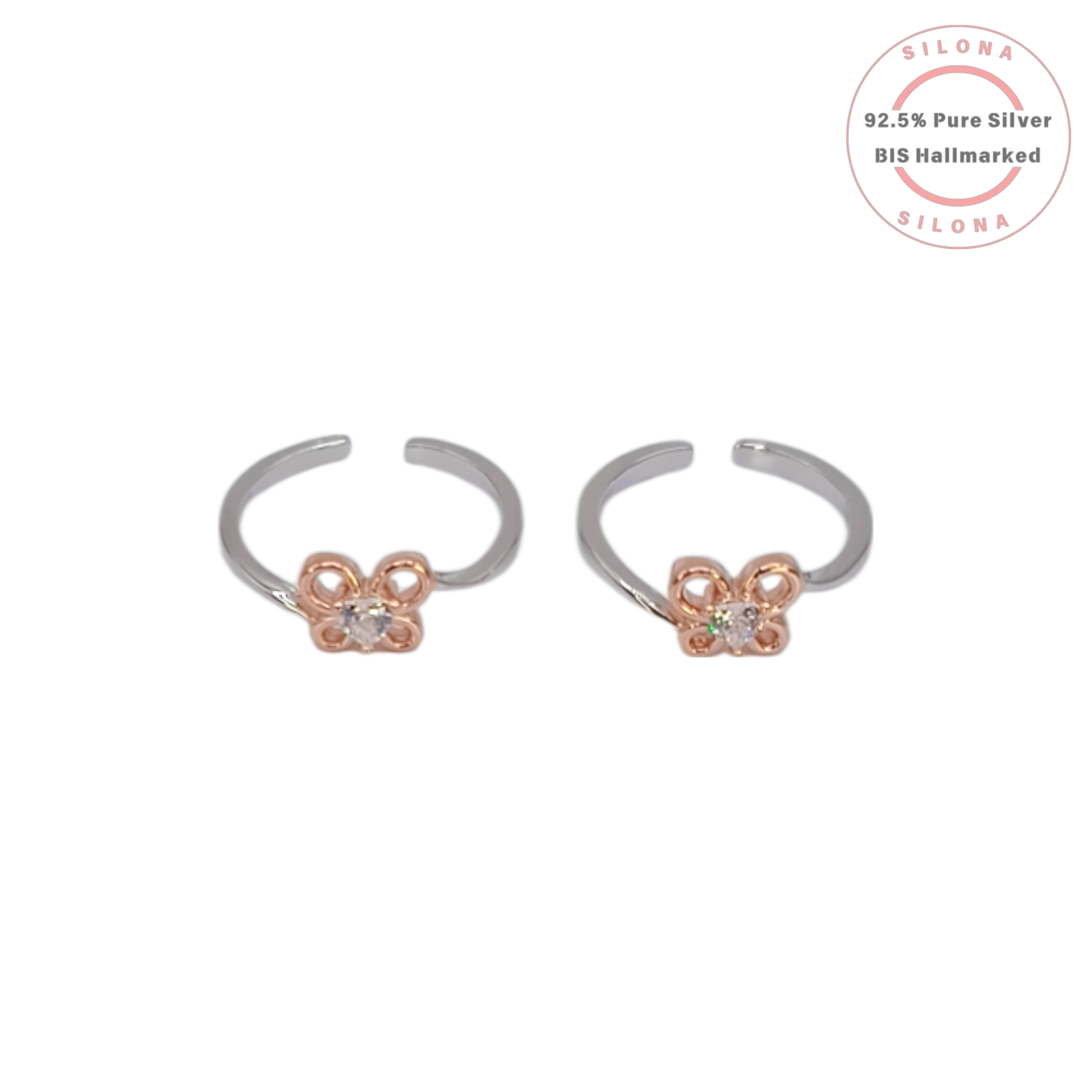 A pair of Rose Gold Butterfly Toe Rings, crafted in 92.5 silver with a central cubic zirconia stone, shown on a clean white background.