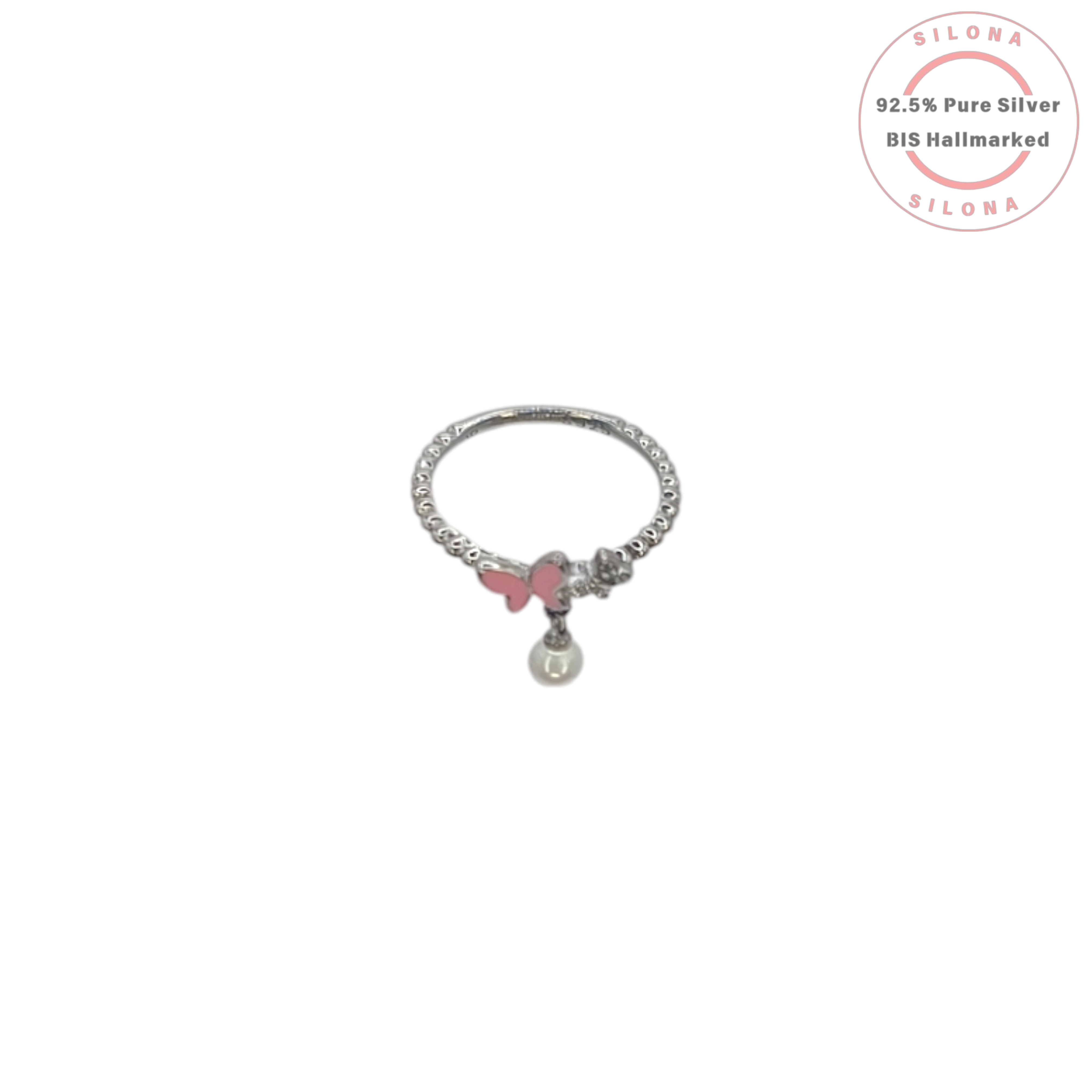 Silona Whimsical Butterfly & Pearl Charm Ring in 92.5 silver with pink enamel detailing.